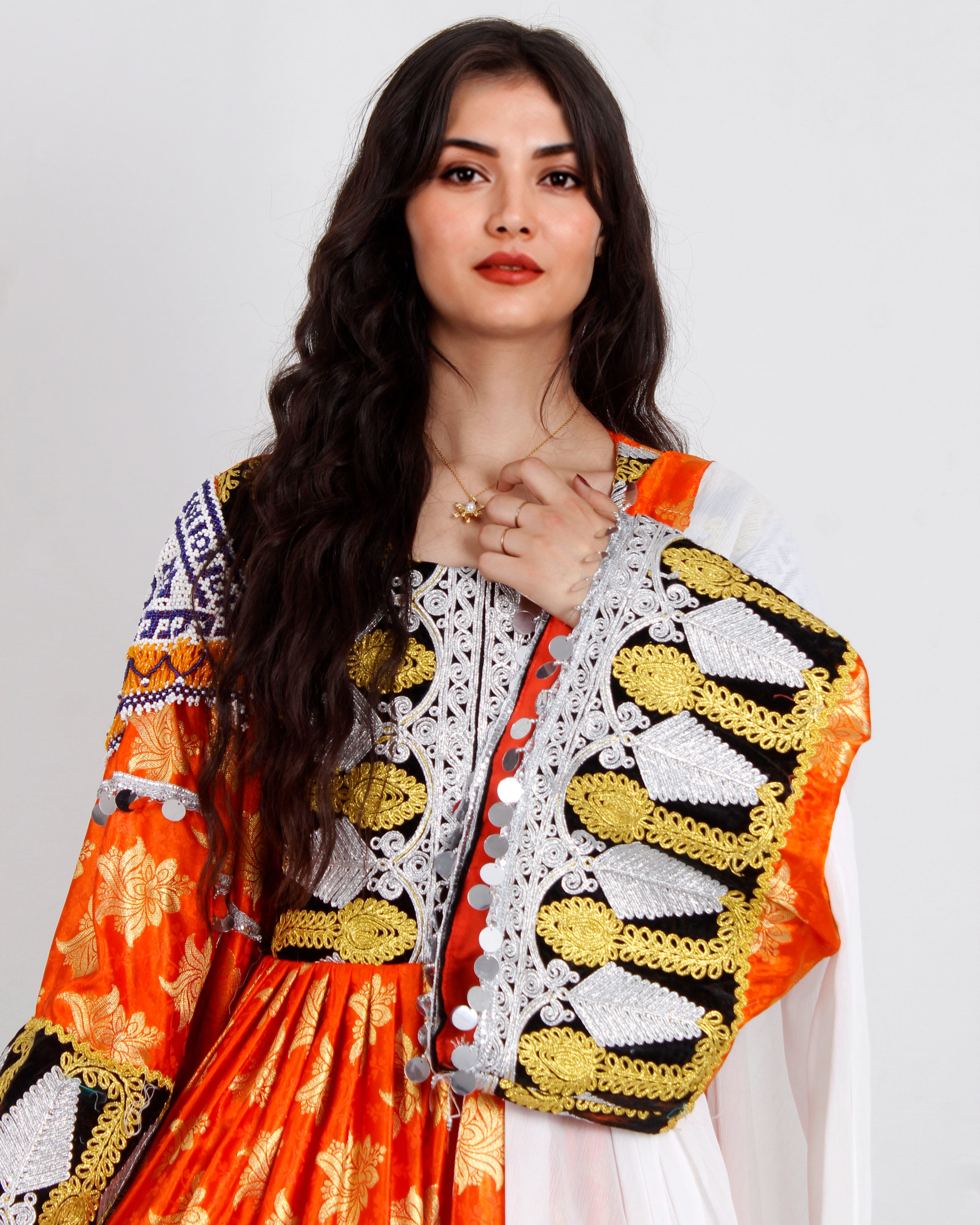 Orange Banarasi  Dress with Harir Shawl