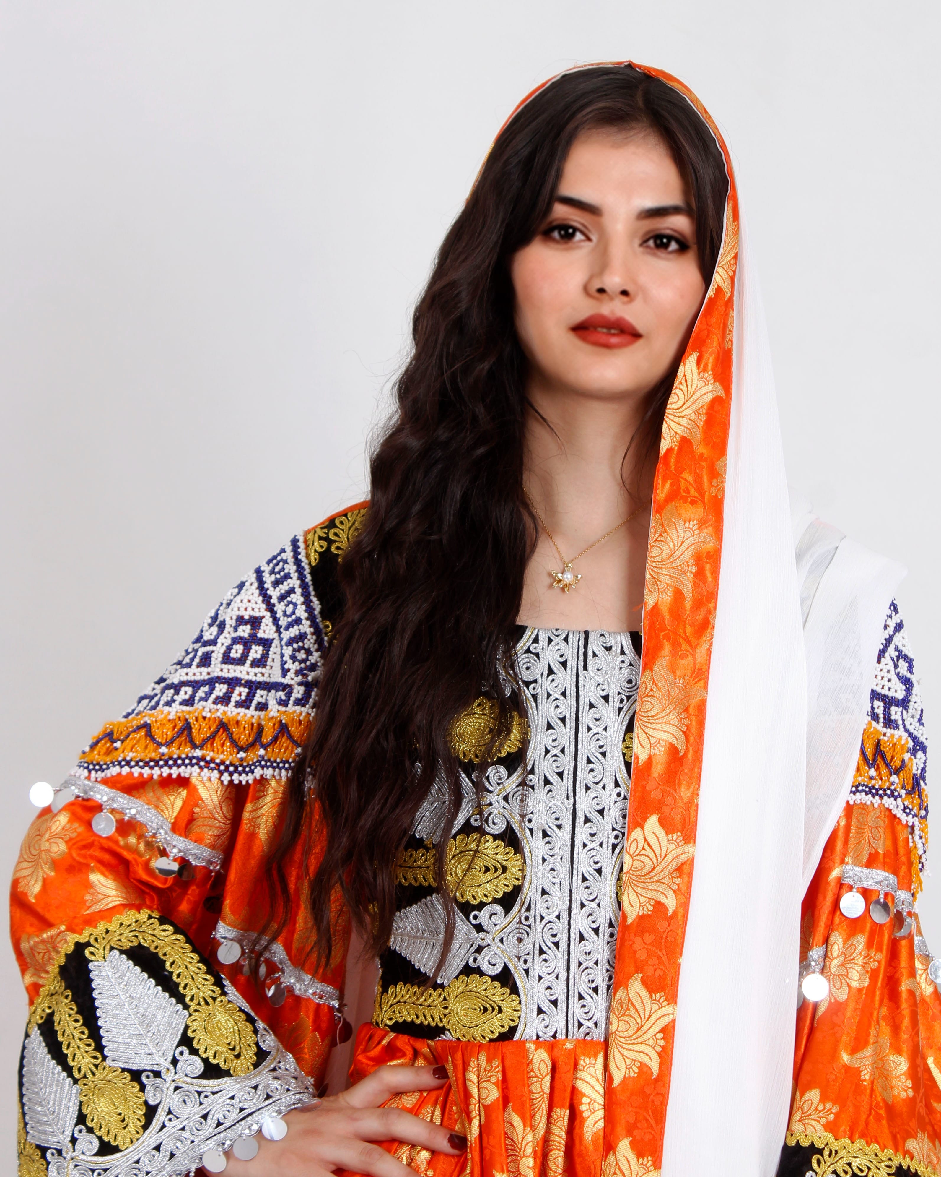 Orange Banarasi  Dress with Harir Shawl