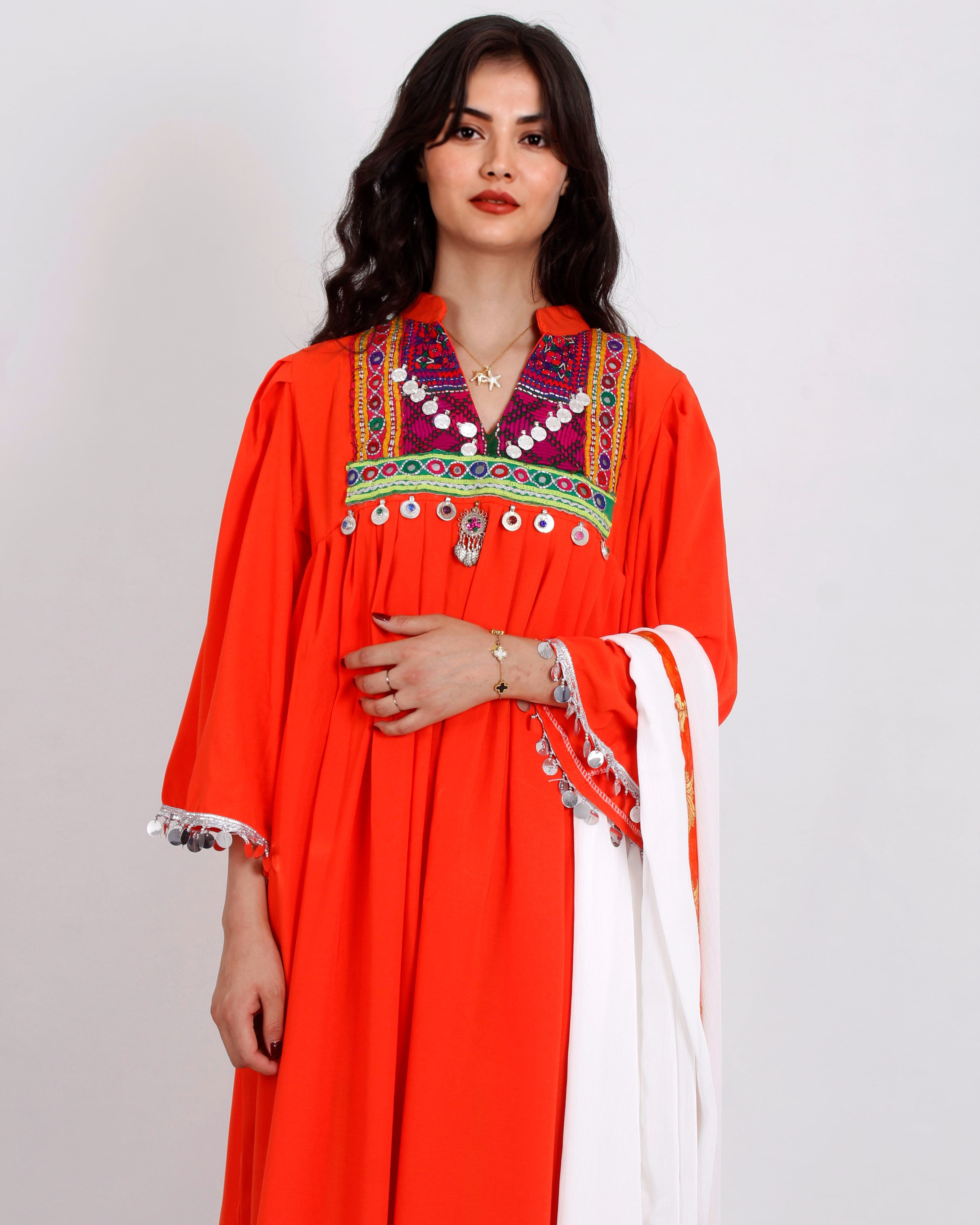 Orange Afghan Embroidered Dress