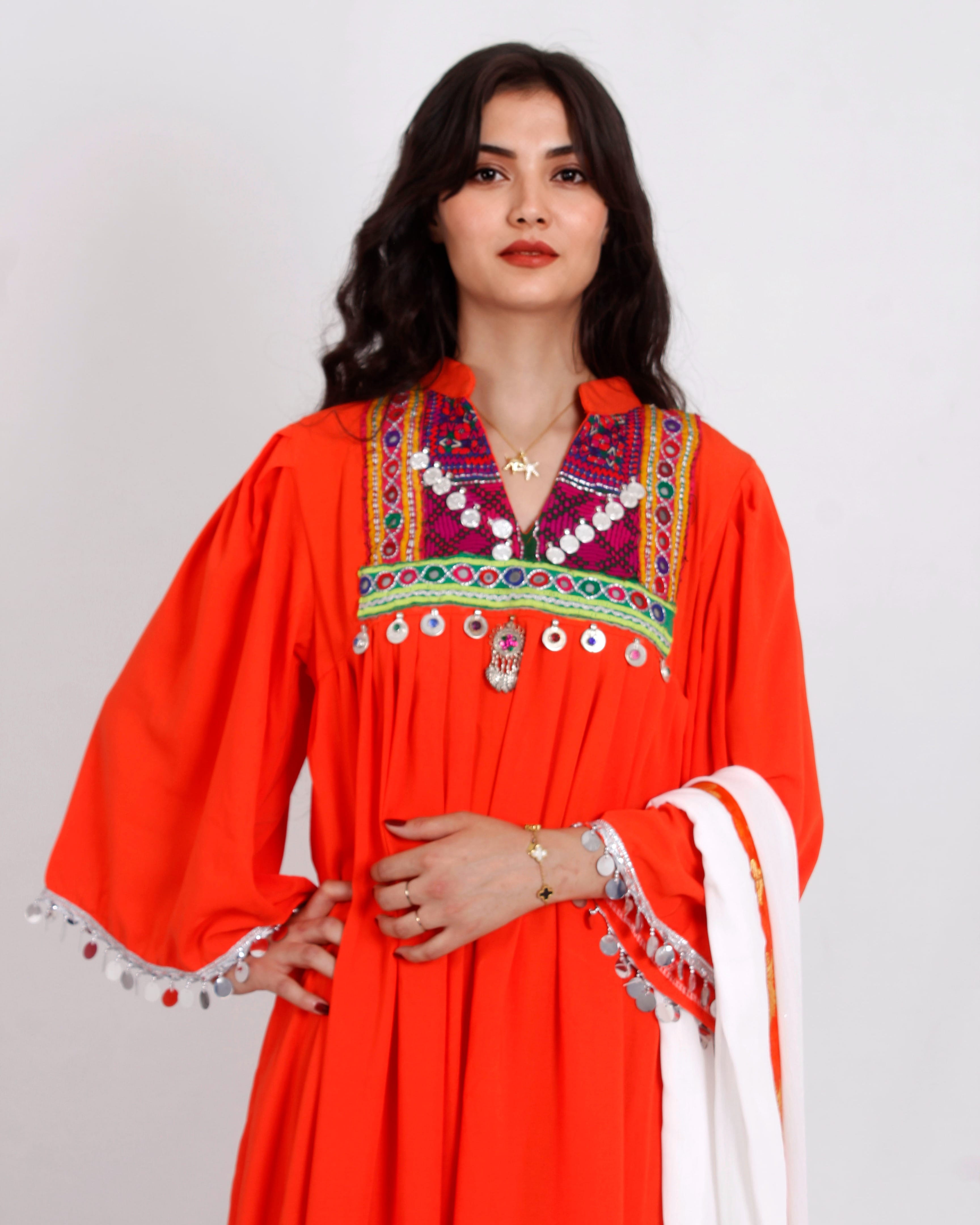 Orange Afghan Embroidered Dress