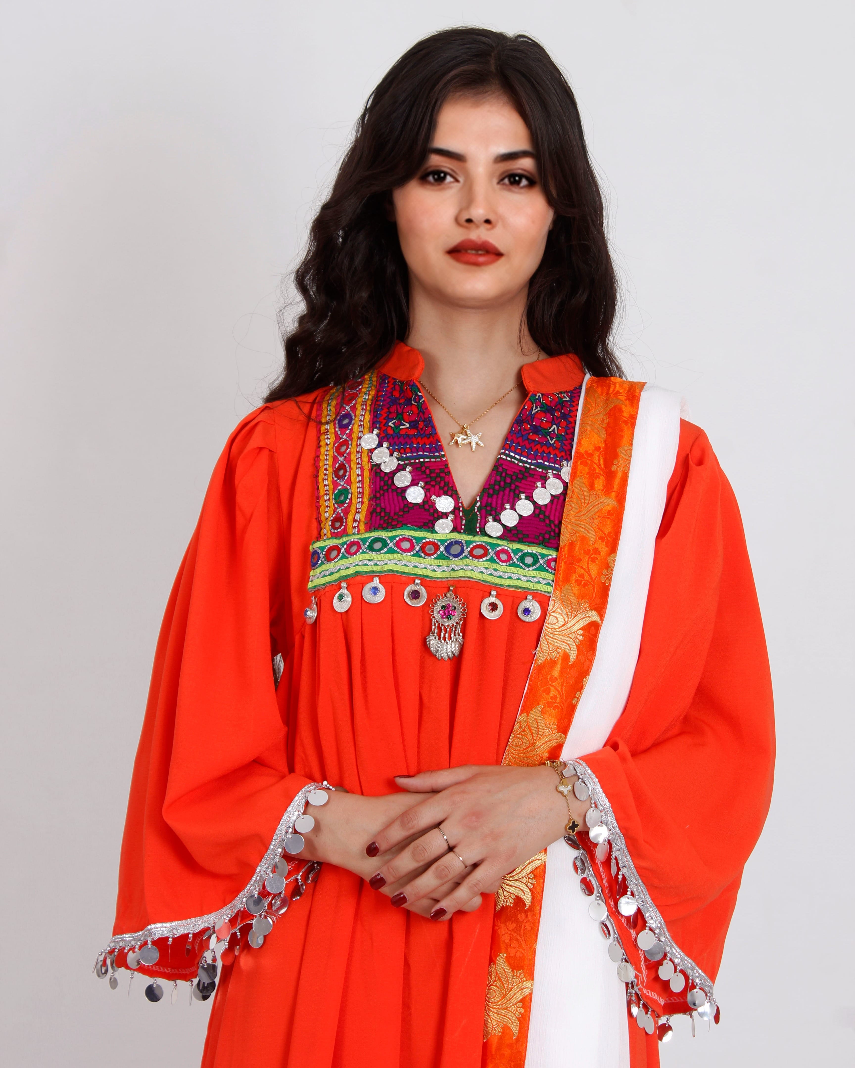 Orange Afghan Embroidered Dress