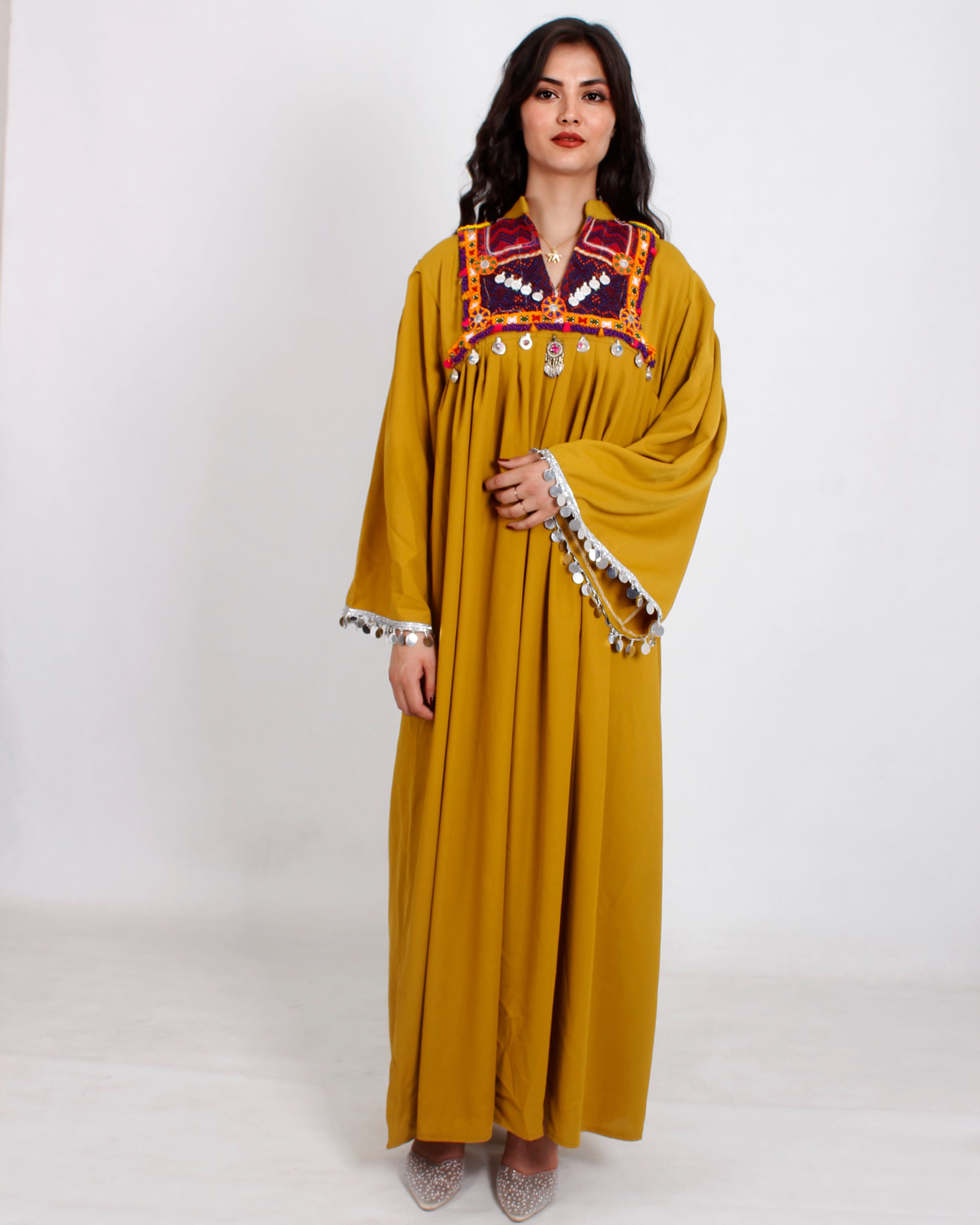 Mustard Yellow Afghan Embroidered Dress