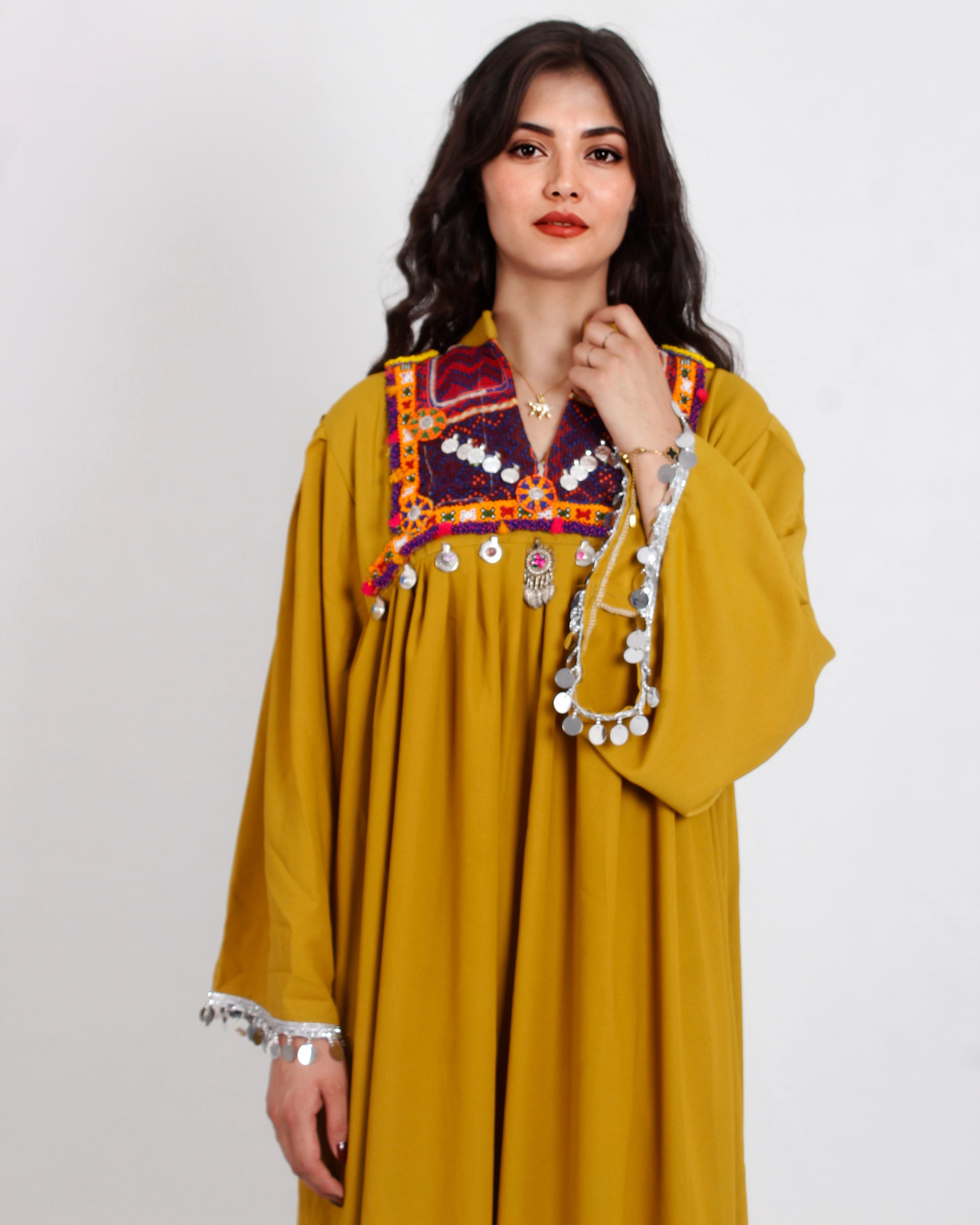 Mustard Yellow Afghan Embroidered Dress