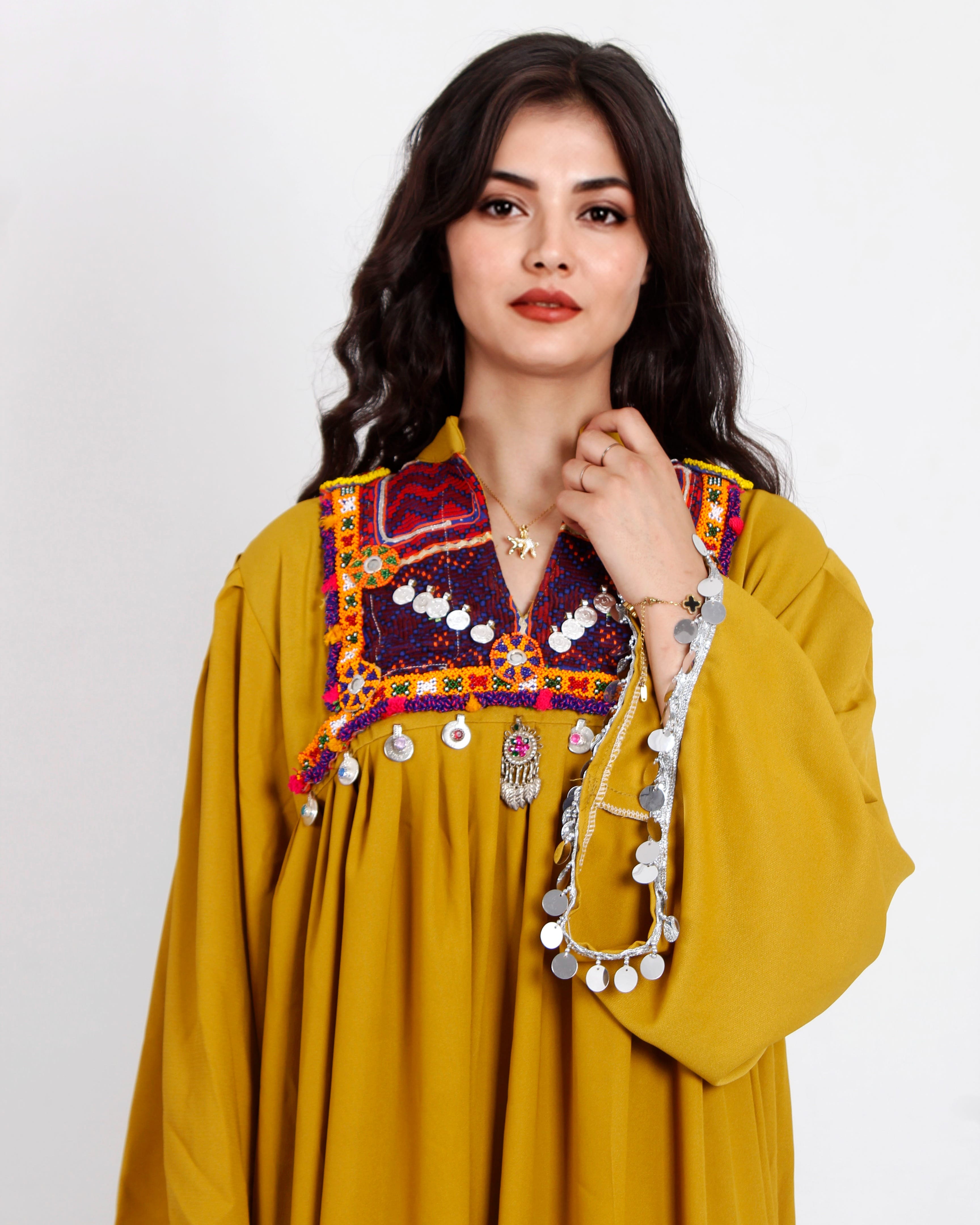 Mustard Yellow Afghan Embroidered Dress