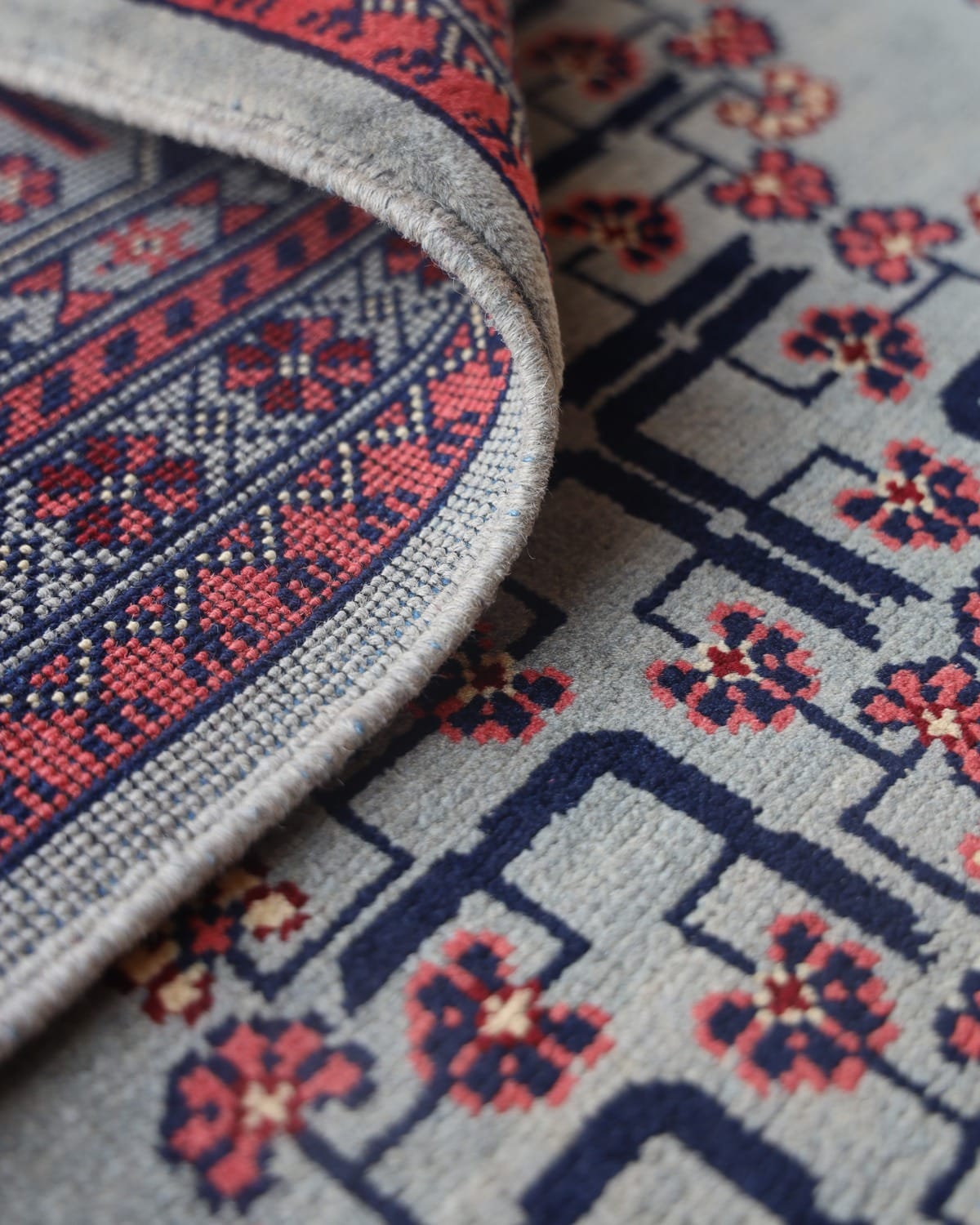 Aseel Bukhara Red Grey Wool Rug