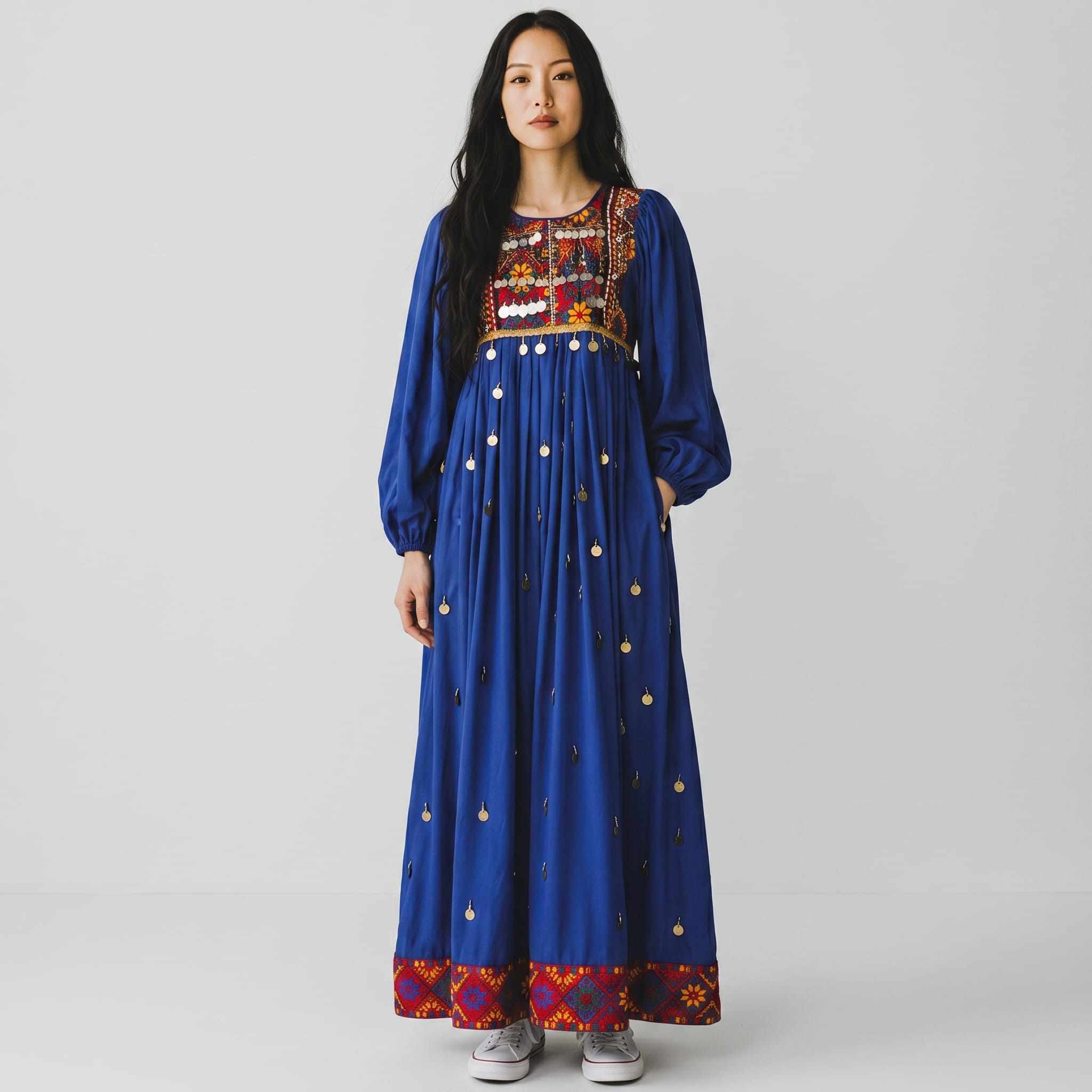 Afghan Dress – Royal Blue Embroidered Maxi Dress – Traditional Boho