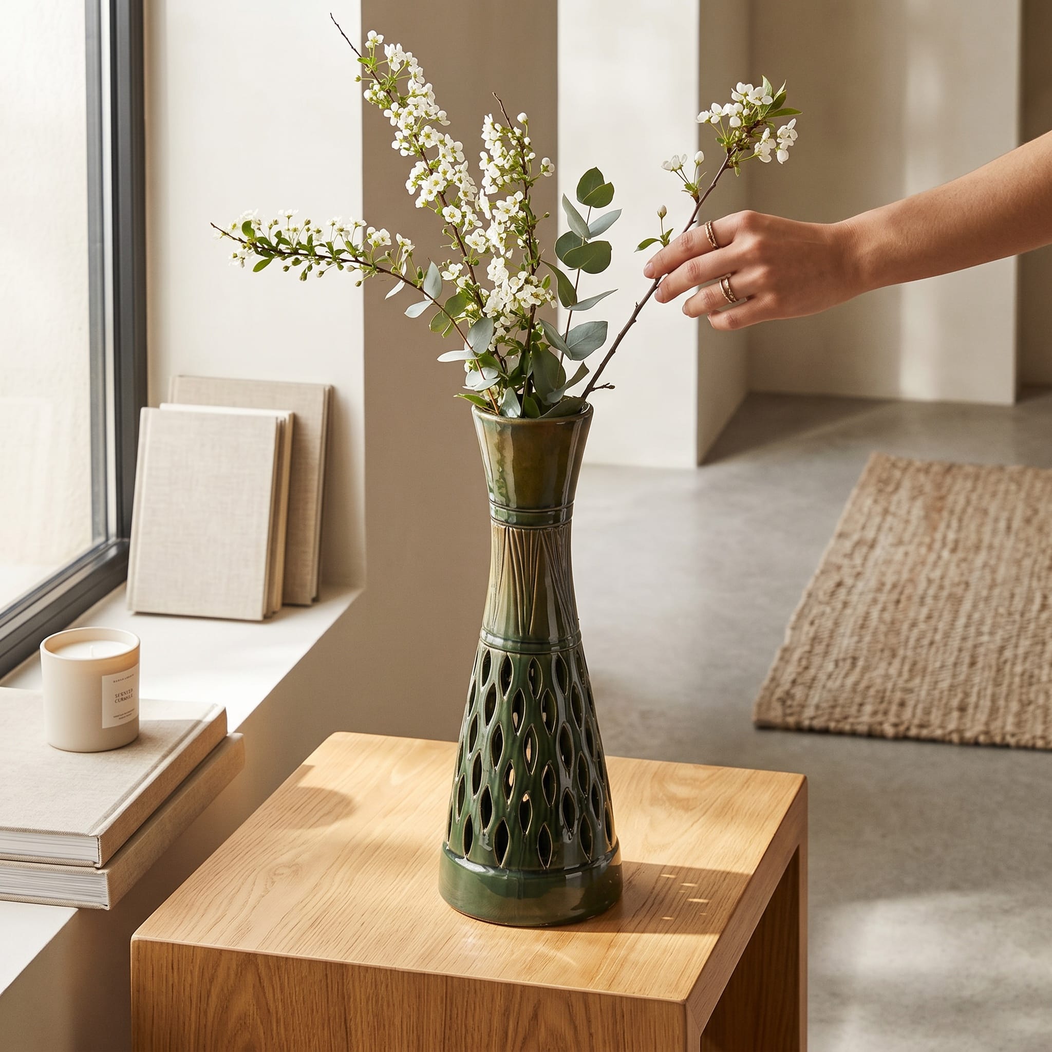 Green Ceramic Vase Handcrafted Aseel Flower Vase