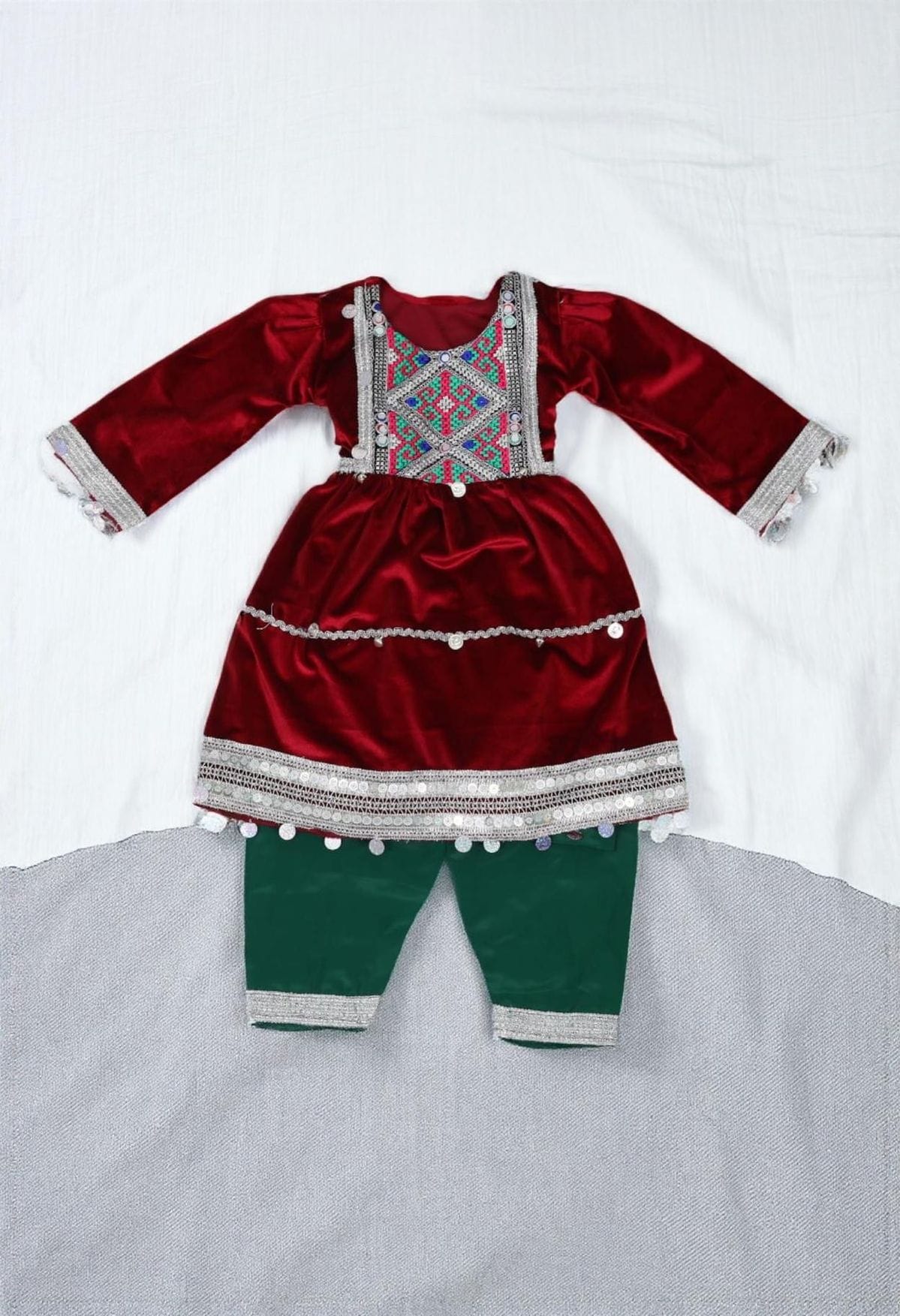 Maroon Velvet Afghani Kids Dress with Embroidery and Coin Trim