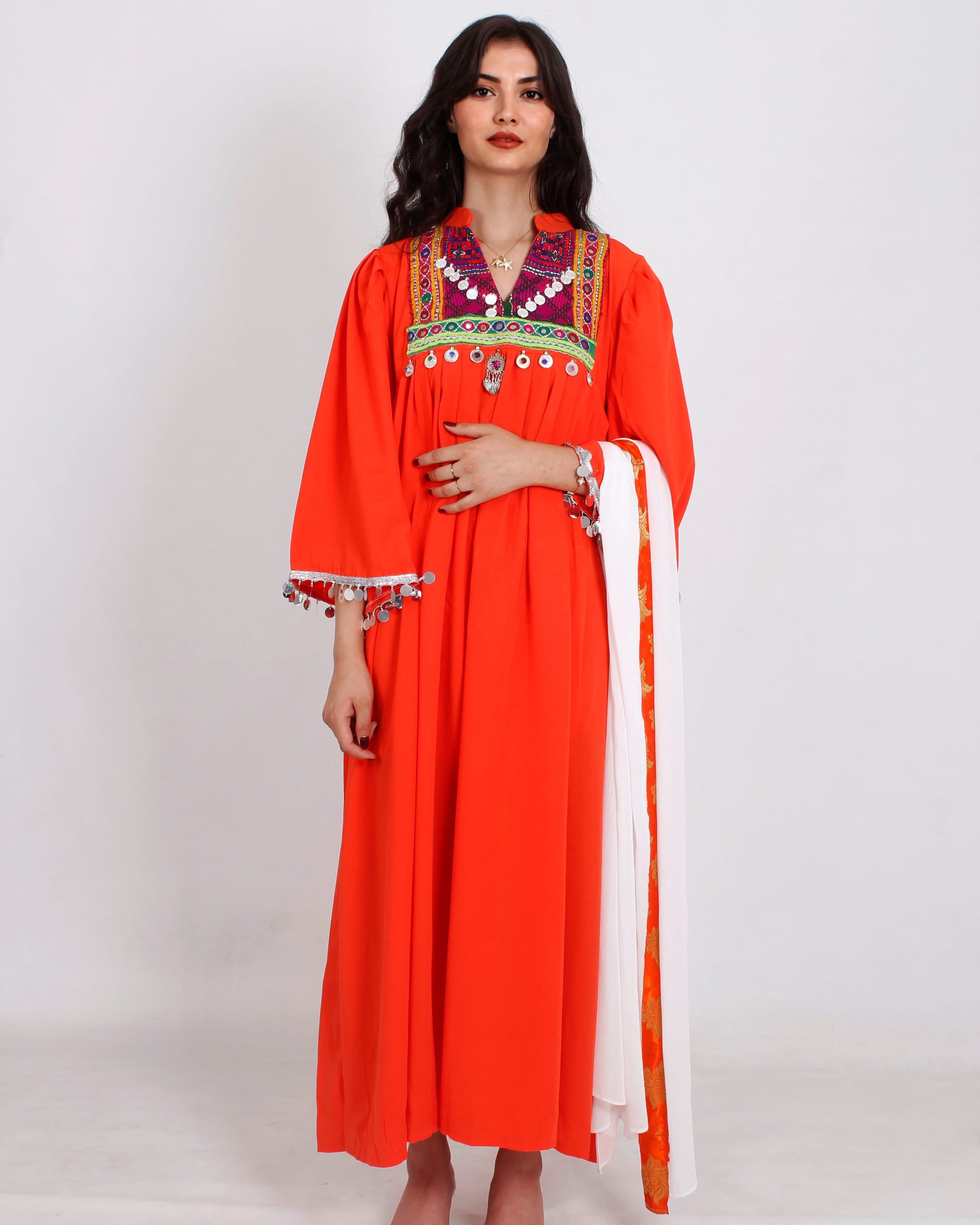 Orange Afghan Embroidered Dress