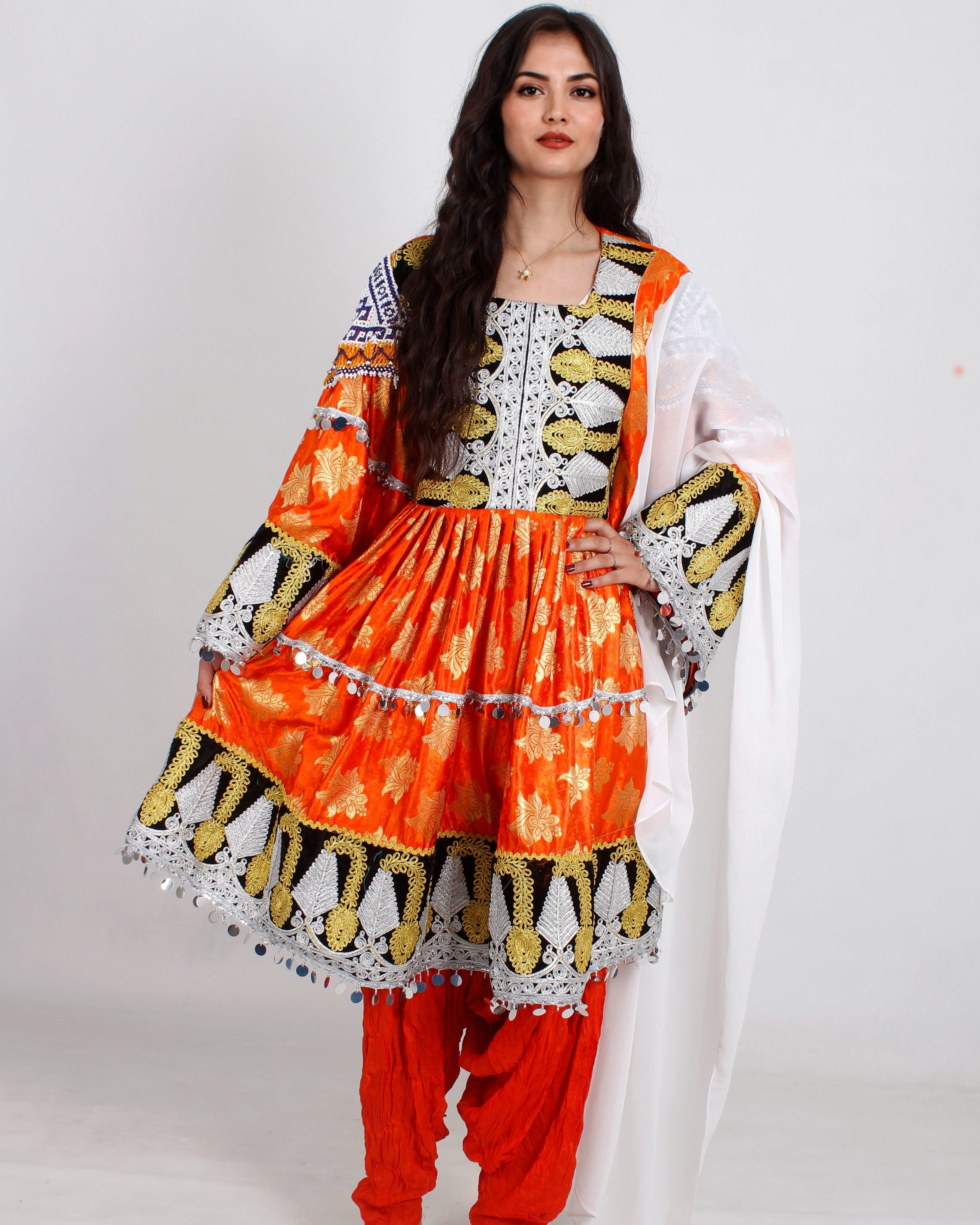Orange Banarasi  Dress with Harir Shawl