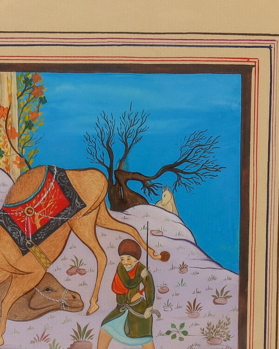 Historical Painting of Two Camels in Battle