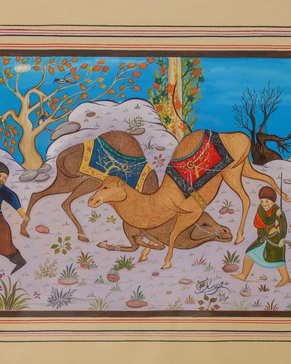 Historical Painting of Two Camels in Battle