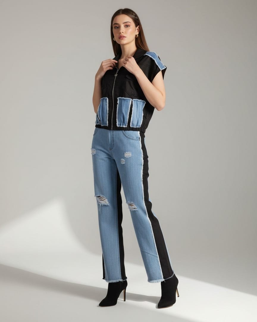 Black & Blue Cuban Patch Hoodie Set for Women