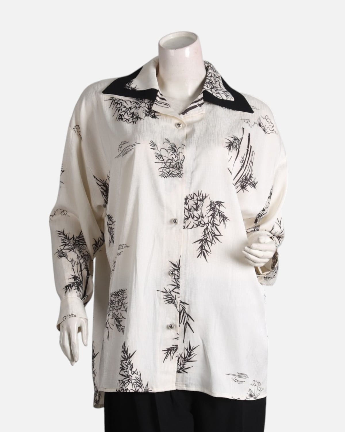 Black & White Floral Silk Shirt with Black Crepe Pants Set