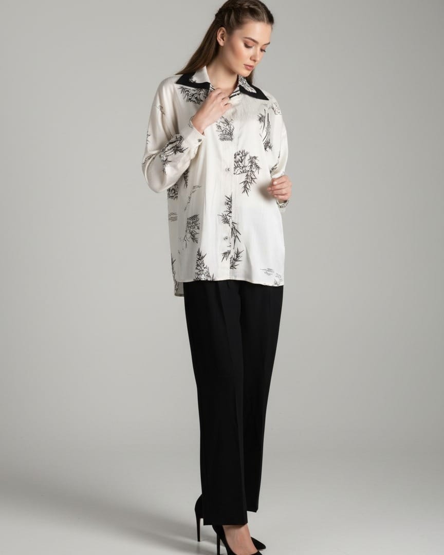 Black & White Floral Silk Shirt with Black Crepe Pants Set