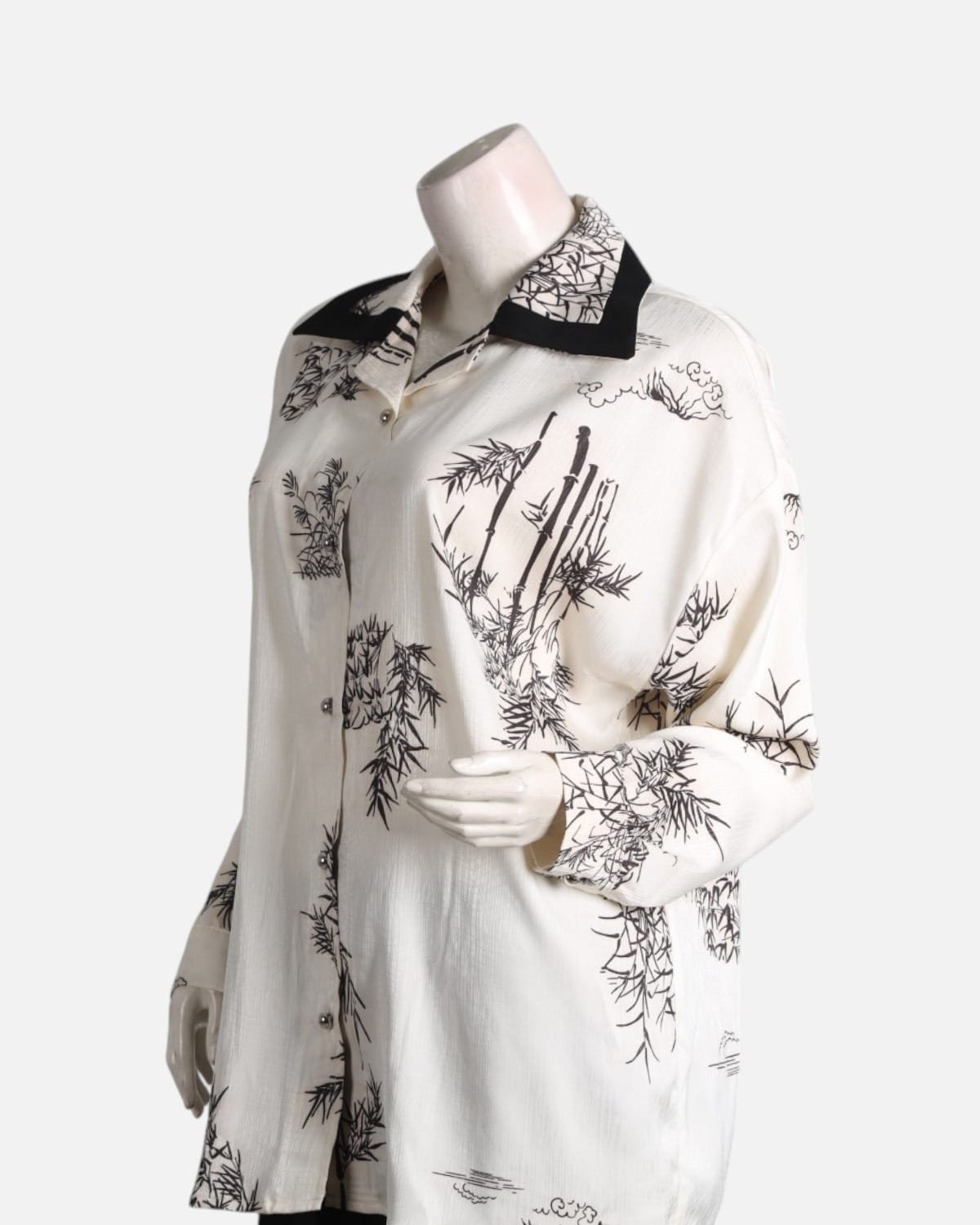 Black & White Floral Silk Shirt with Black Crepe Pants Set