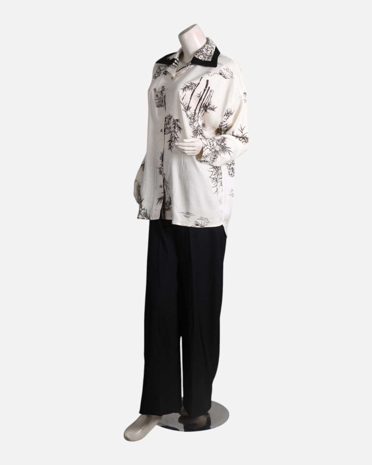 Black & White Floral Silk Shirt with Black Crepe Pants Set
