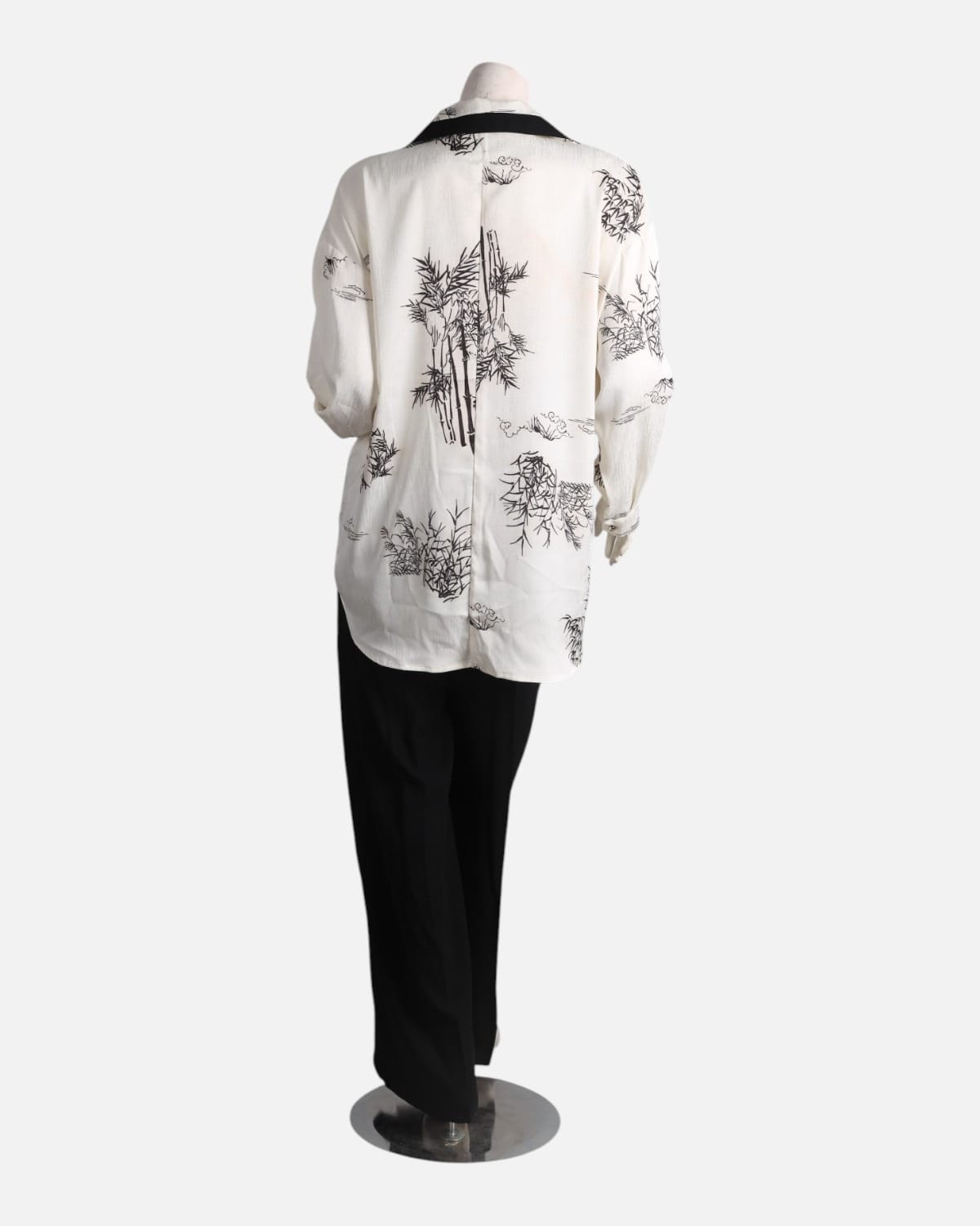 Black & White Floral Silk Shirt with Black Crepe Pants Set
