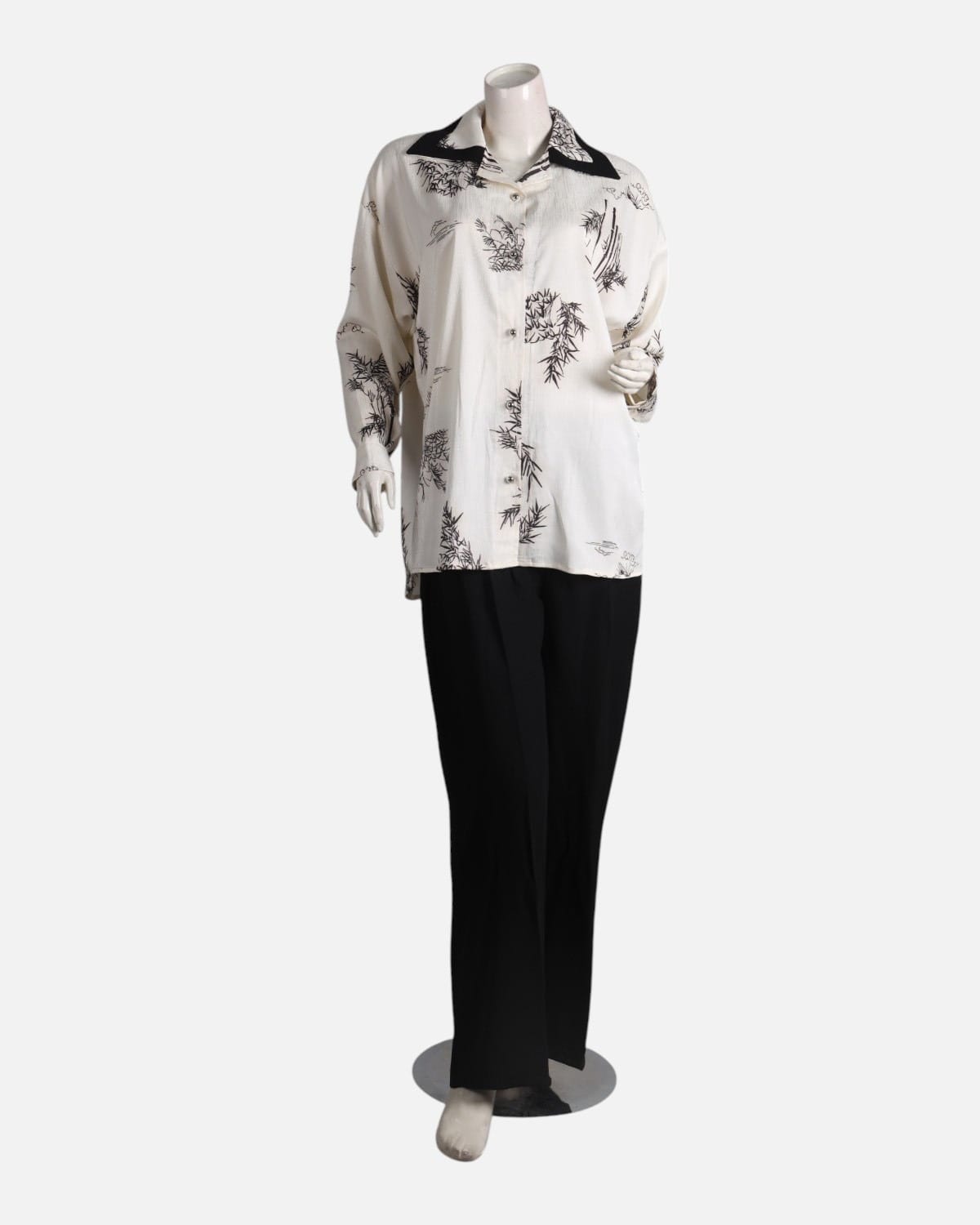 Black & White Floral Silk Shirt with Black Crepe Pants Set