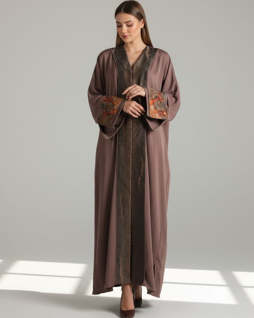 Brown & Silk Floral Embroidered Abaya