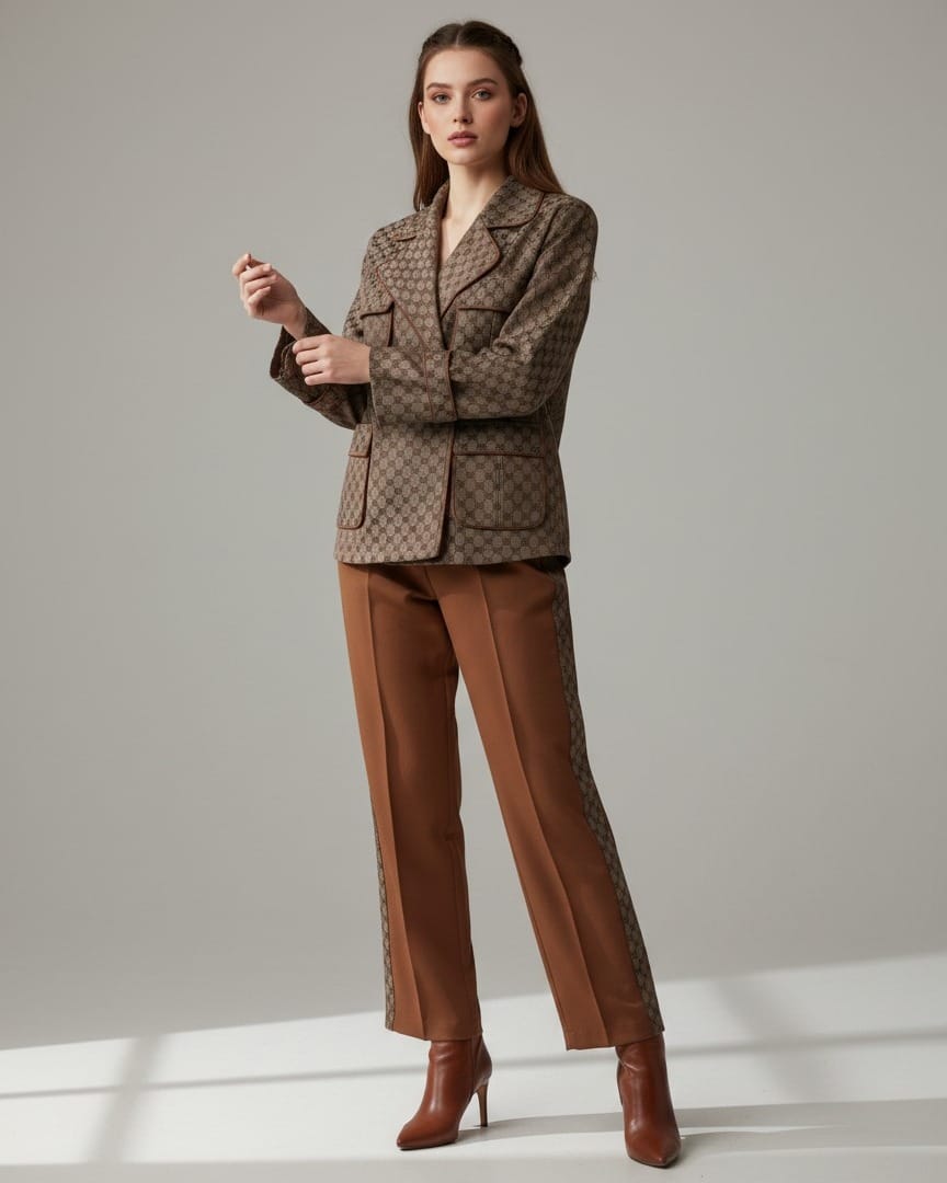 Brown Jacquard Blazer & High Waist Pants Set