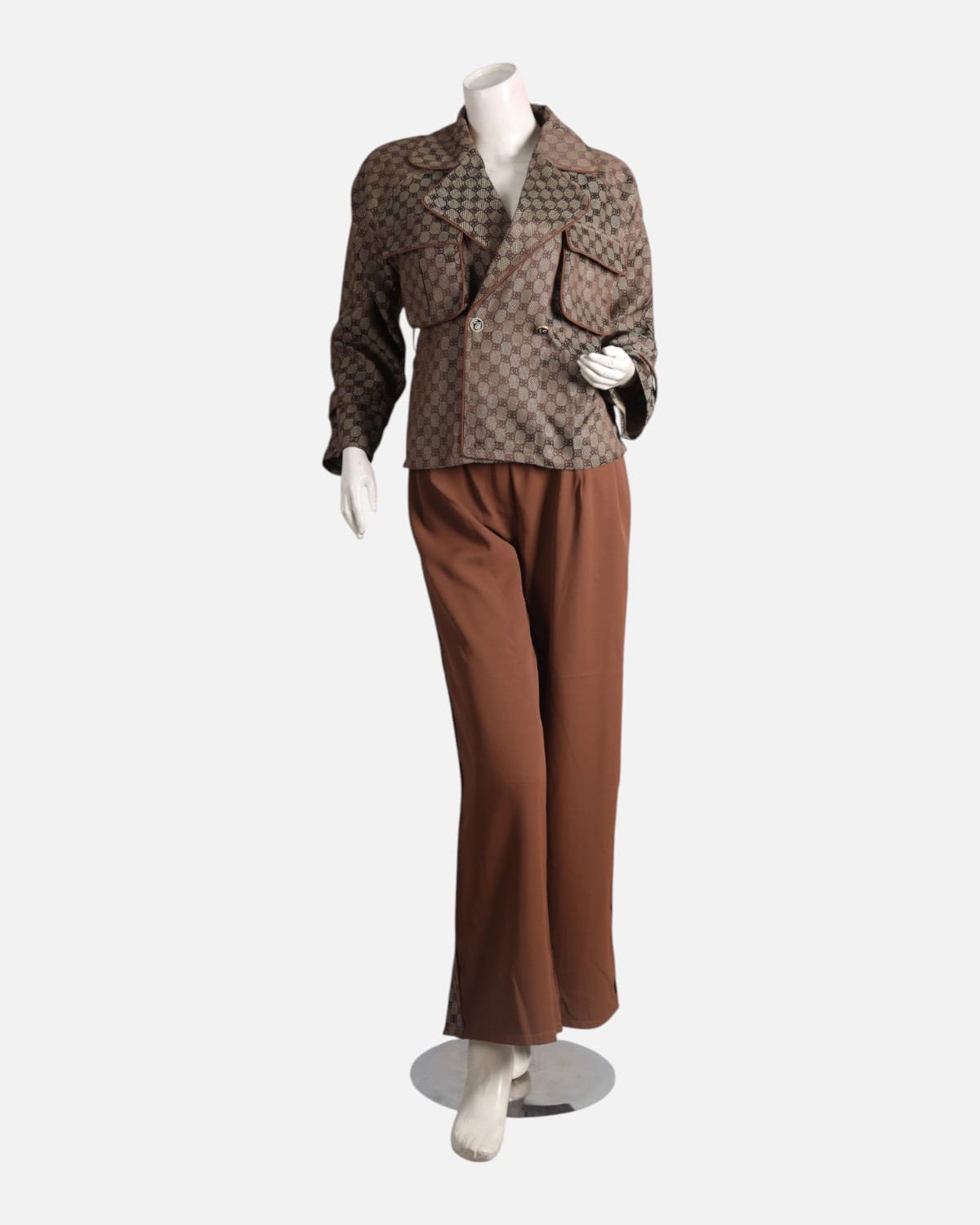 Brown Jacquard Blazer & High Waist Pants Set