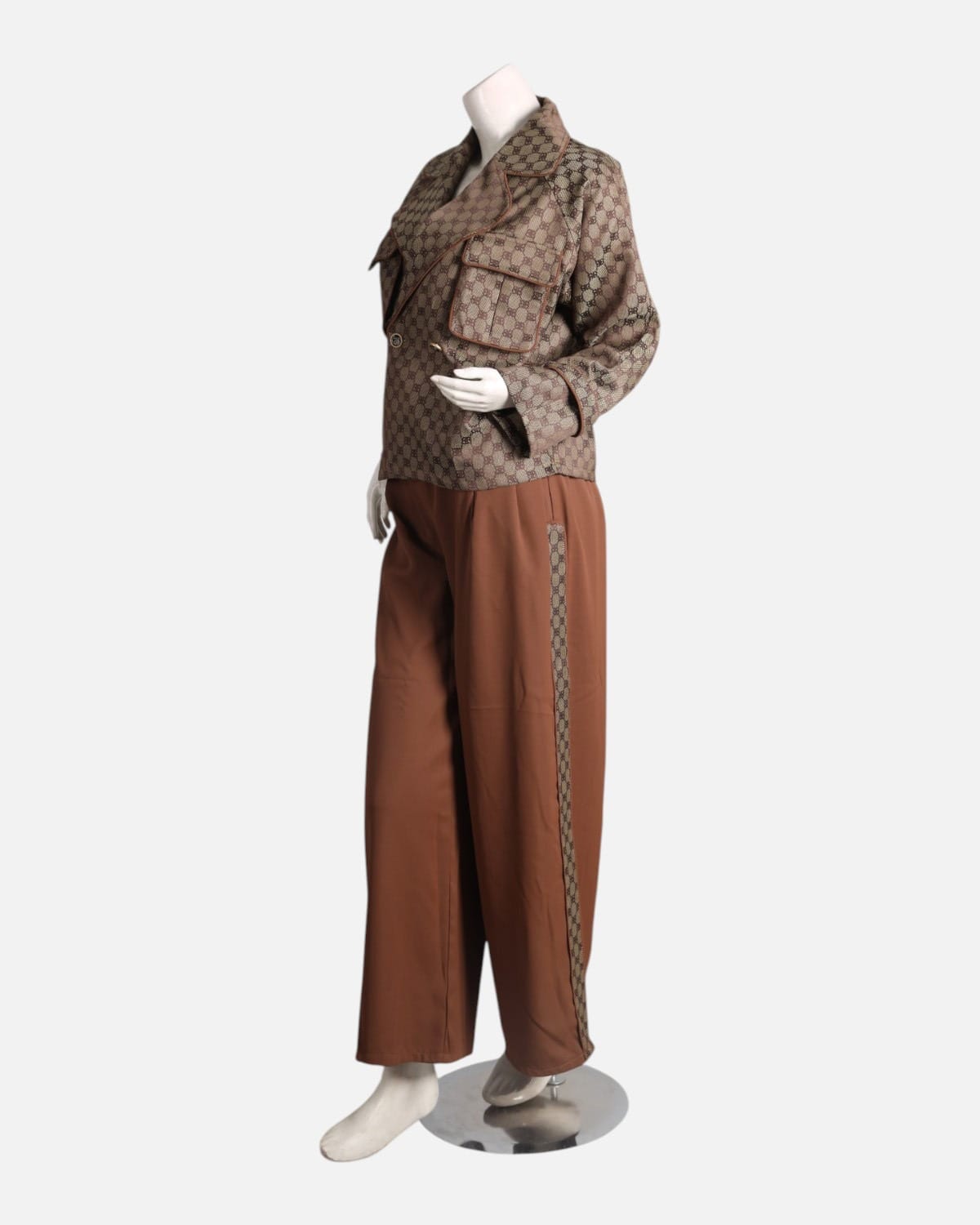 Brown Jacquard Blazer & High Waist Pants Set