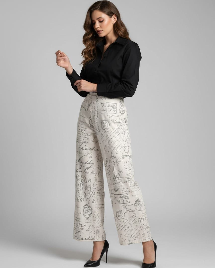 Black Crop Shirt with Printed High Waist Pants for Women