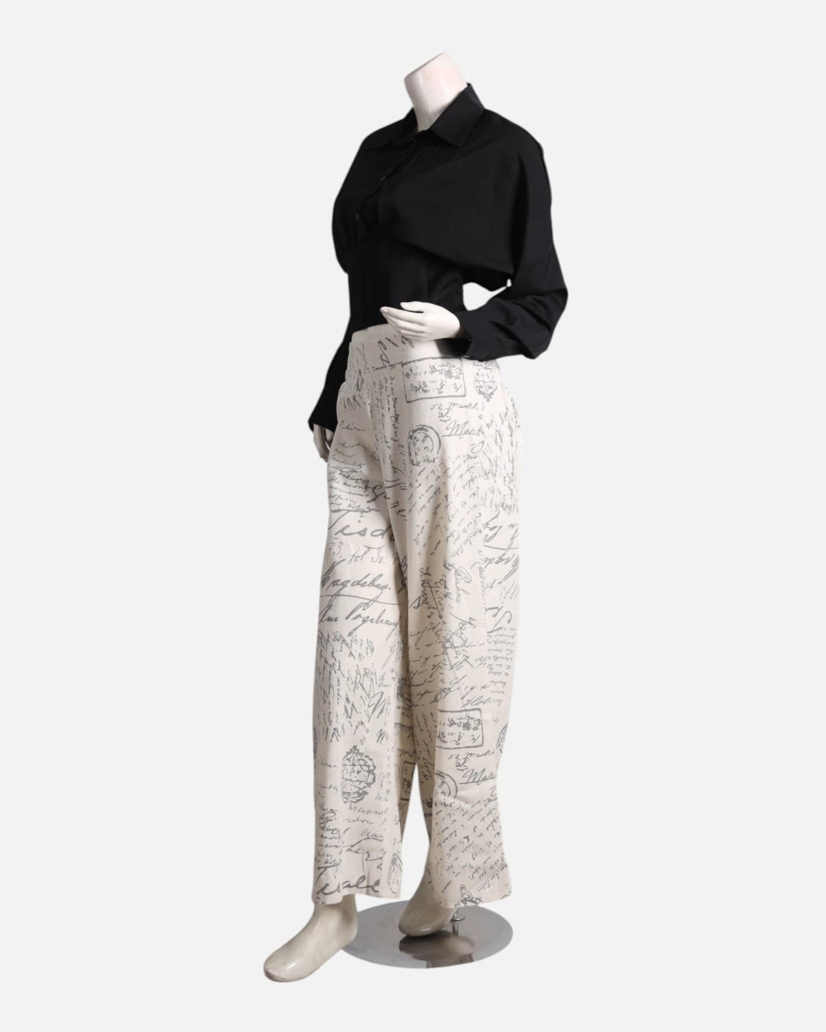 Black Crop Shirt with Printed High Waist Pants for Women