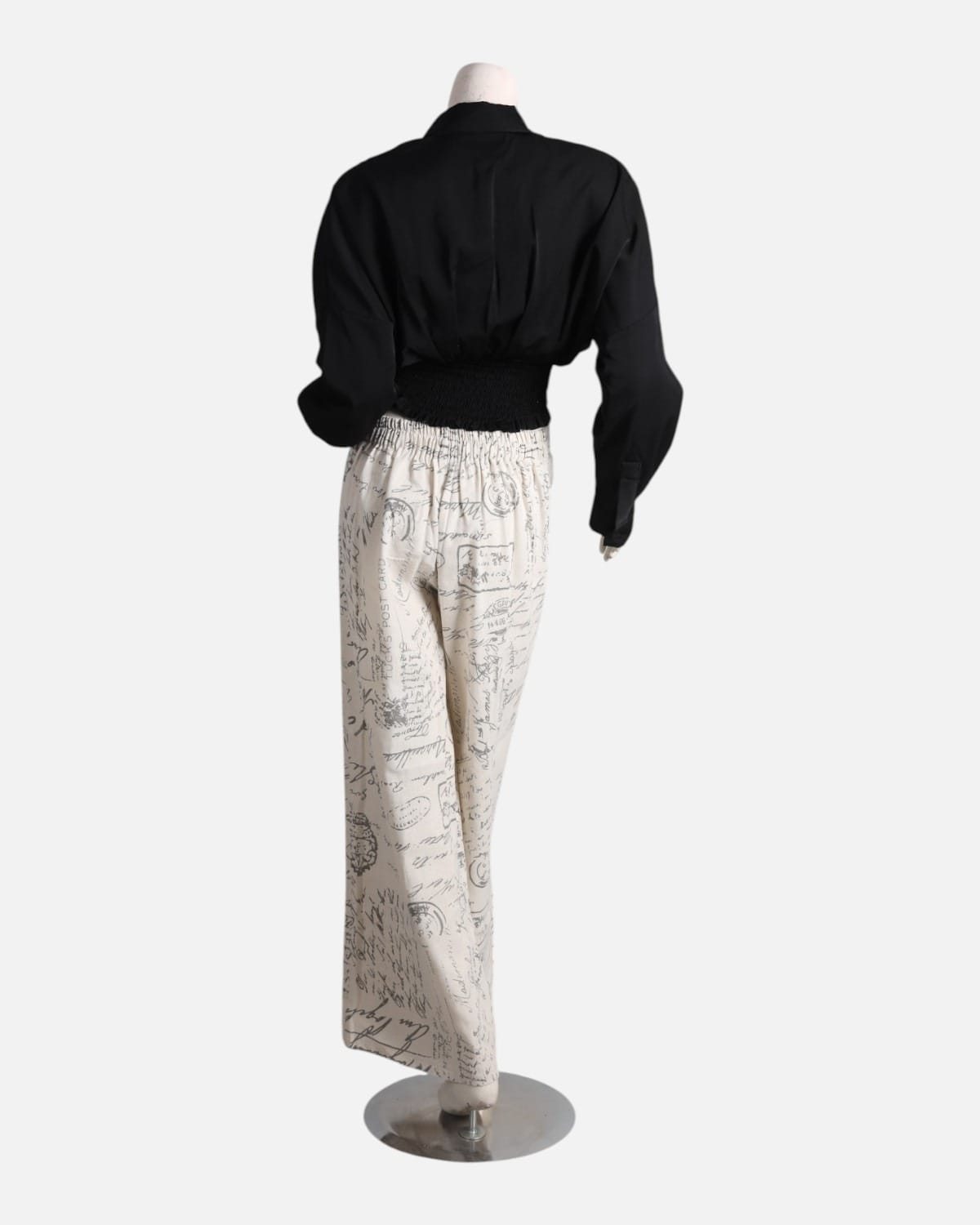 Black Crop Shirt with Printed High Waist Pants for Women