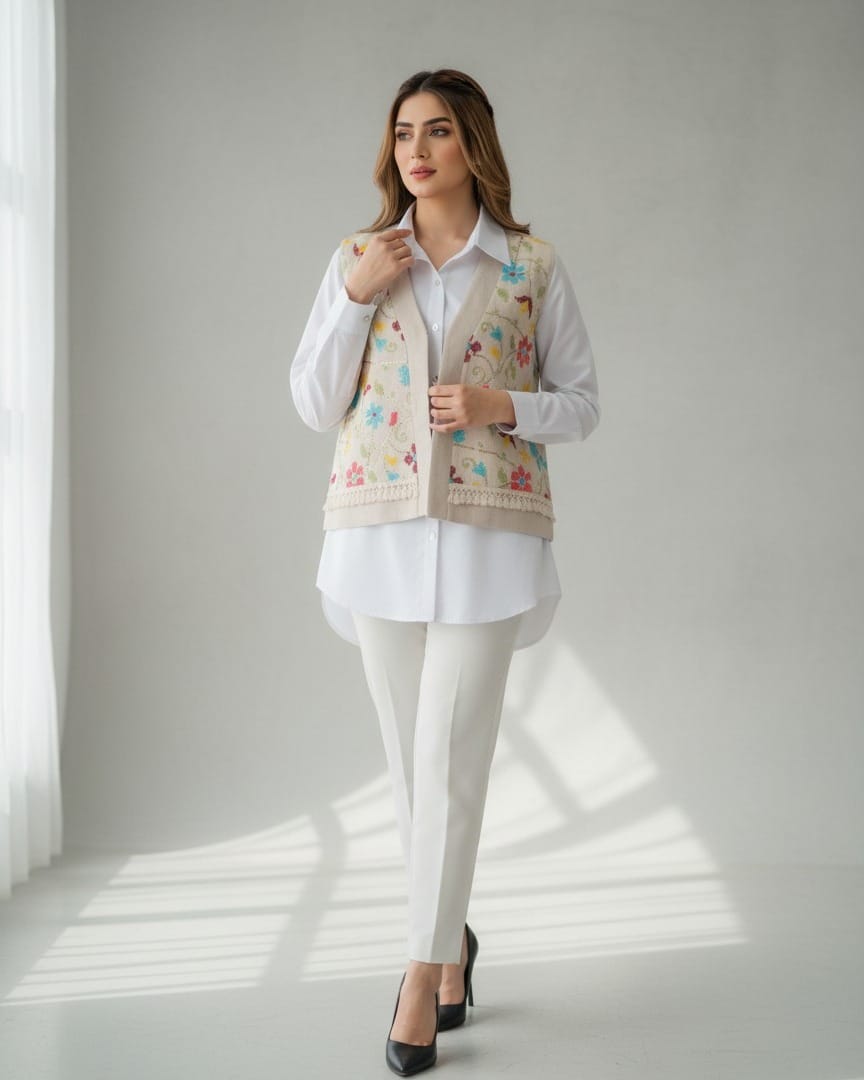 White Shirt and Beige Floral Embroidered Vest Set