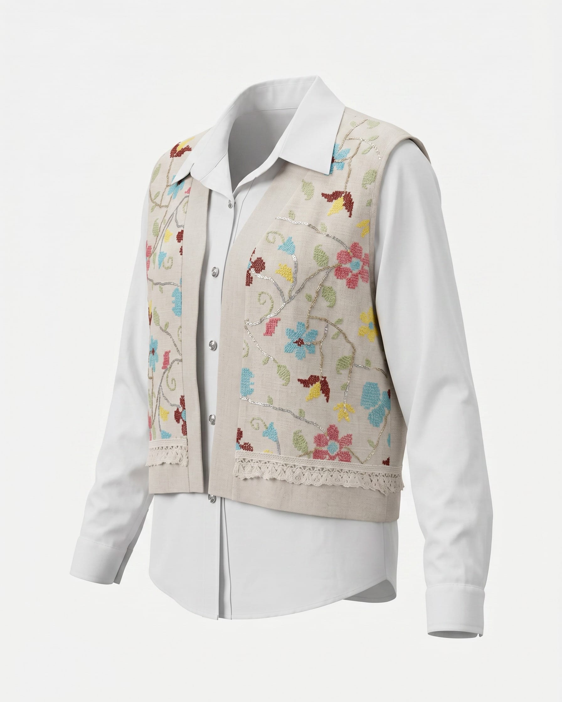 White Shirt and Beige Floral Embroidered Vest Set