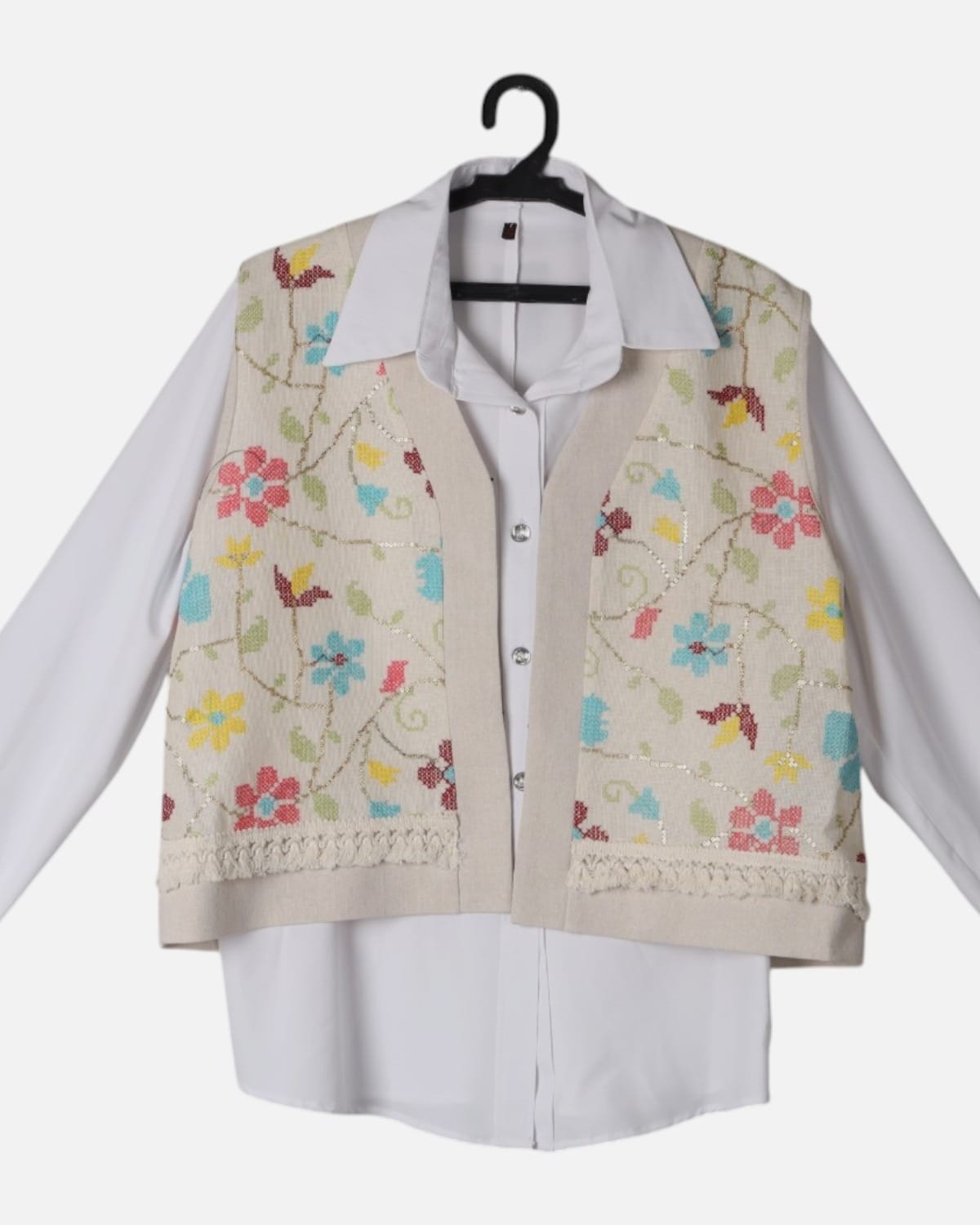 White Shirt and Beige Floral Embroidered Vest Set