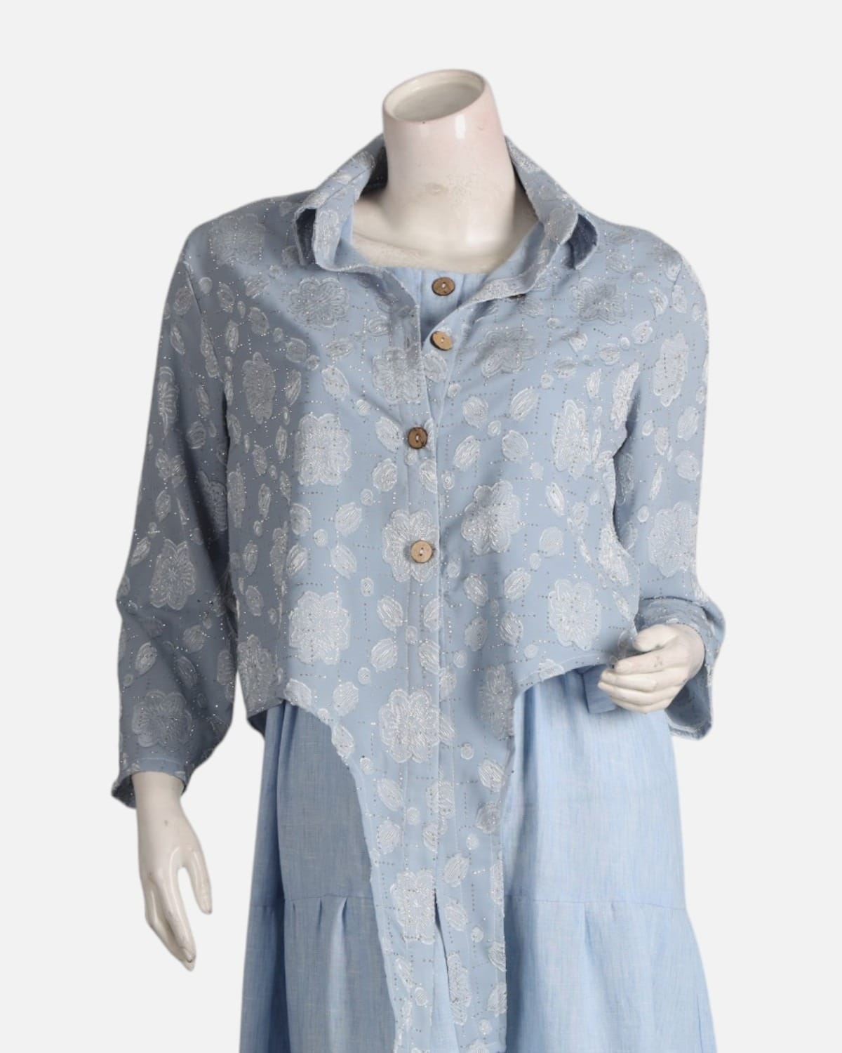 Blue Modest Dress Set with Embellished Guipure Top