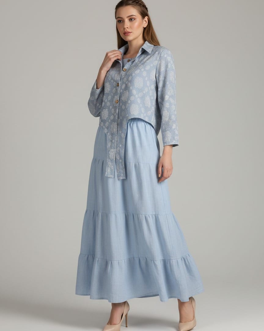 Blue Modest Dress Set with Embellished Guipure Top