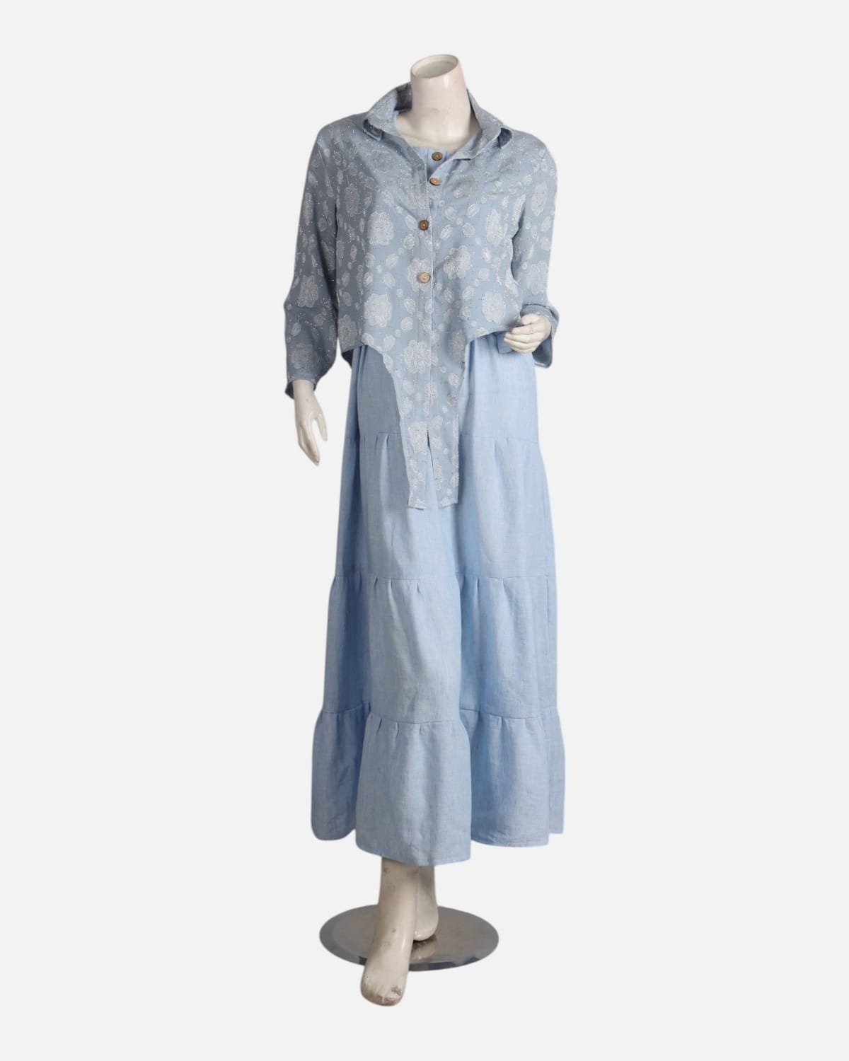Blue Modest Dress Set with Embellished Guipure Top