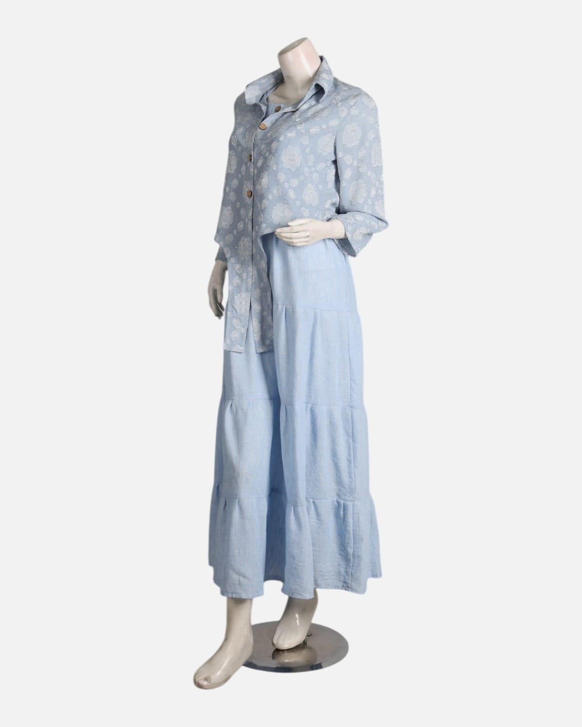 Blue Modest Dress Set with Embellished Guipure Top
