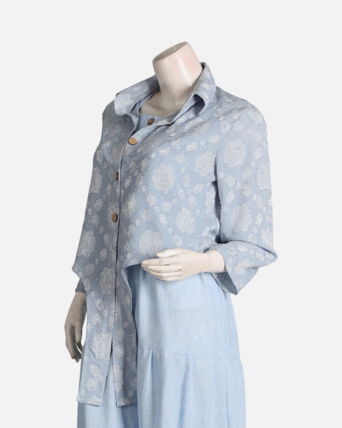 Blue Modest Dress Set with Embellished Guipure Top