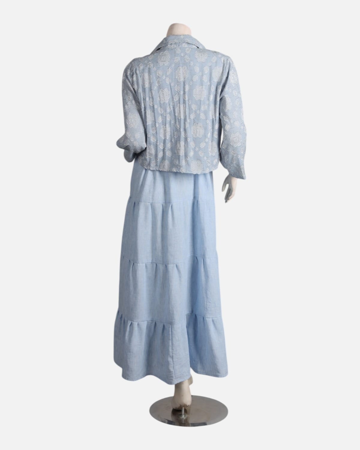 Blue Modest Dress Set with Embellished Guipure Top