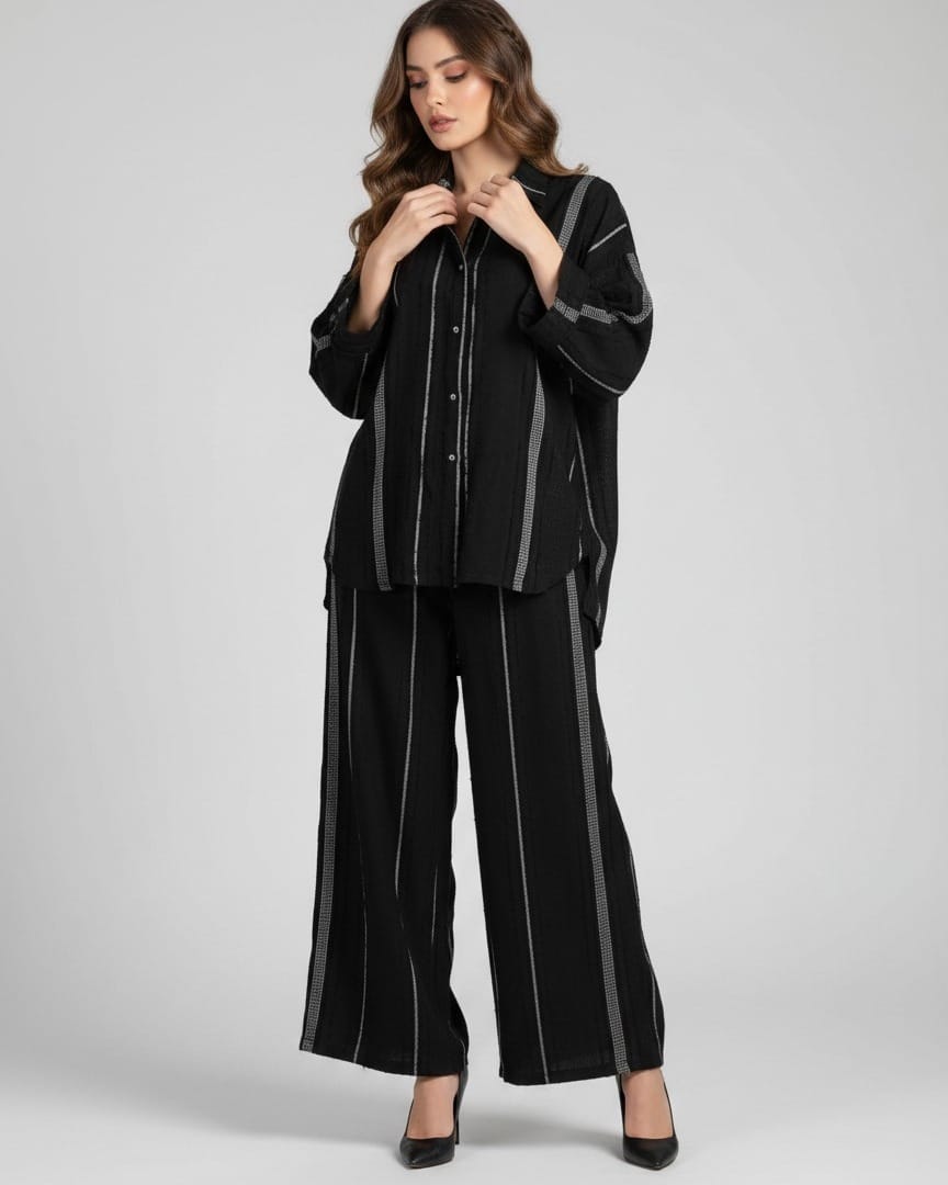 Black Jacquard Blouse and Pants Set`