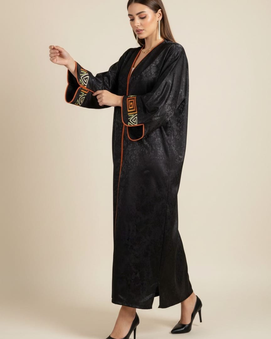 Black Abaya with Orange  Embroidery