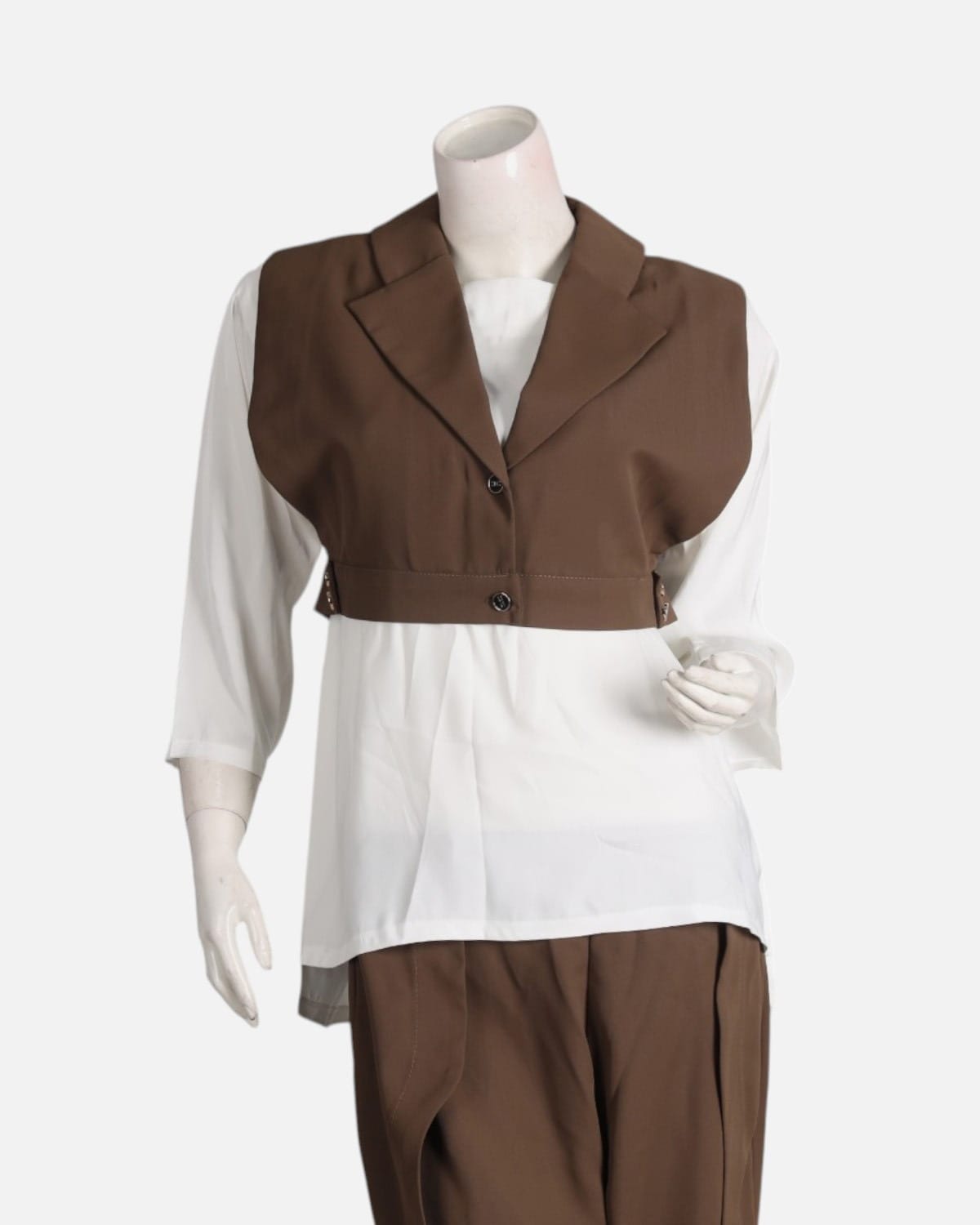 Brown and White Three Piece Vest and Pants Set