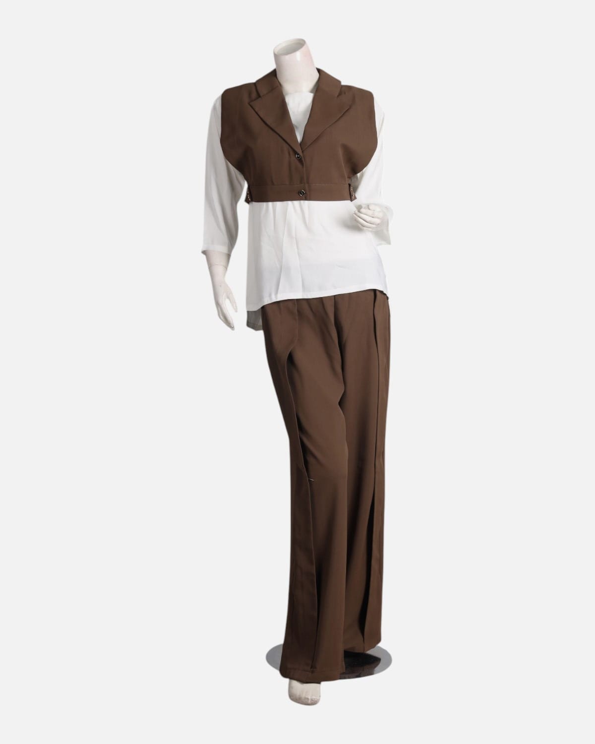 Brown and White Three Piece Vest and Pants Set
