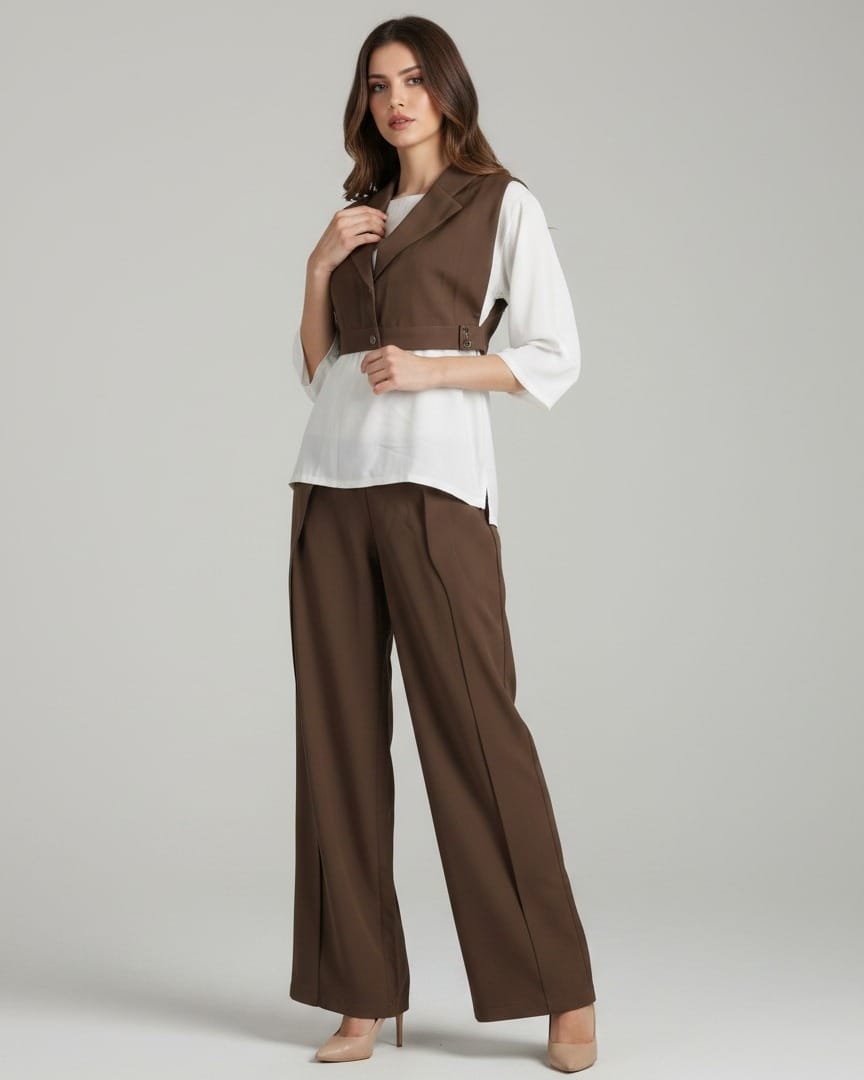 Brown and White Three Piece Vest and Pants Set