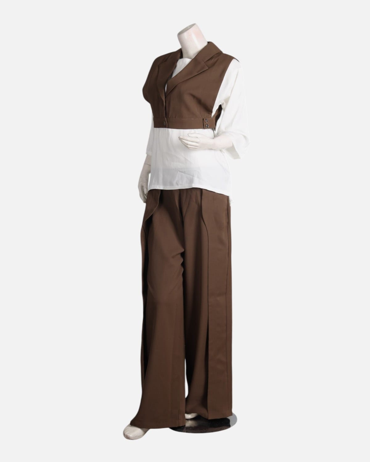 Brown and White Three Piece Vest and Pants Set