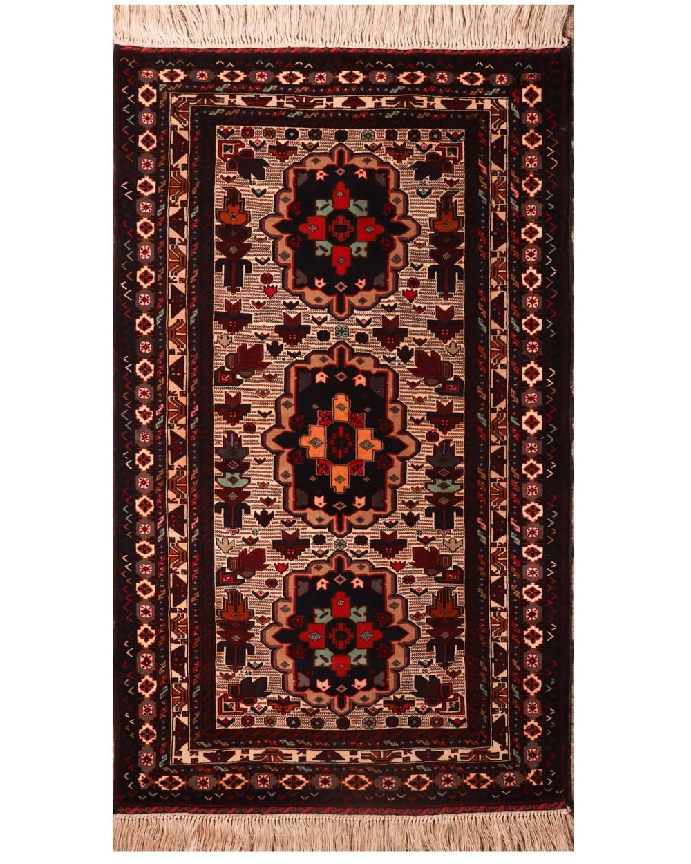 Ivory & Deep Red Turkmen Handwoven Korki Rug