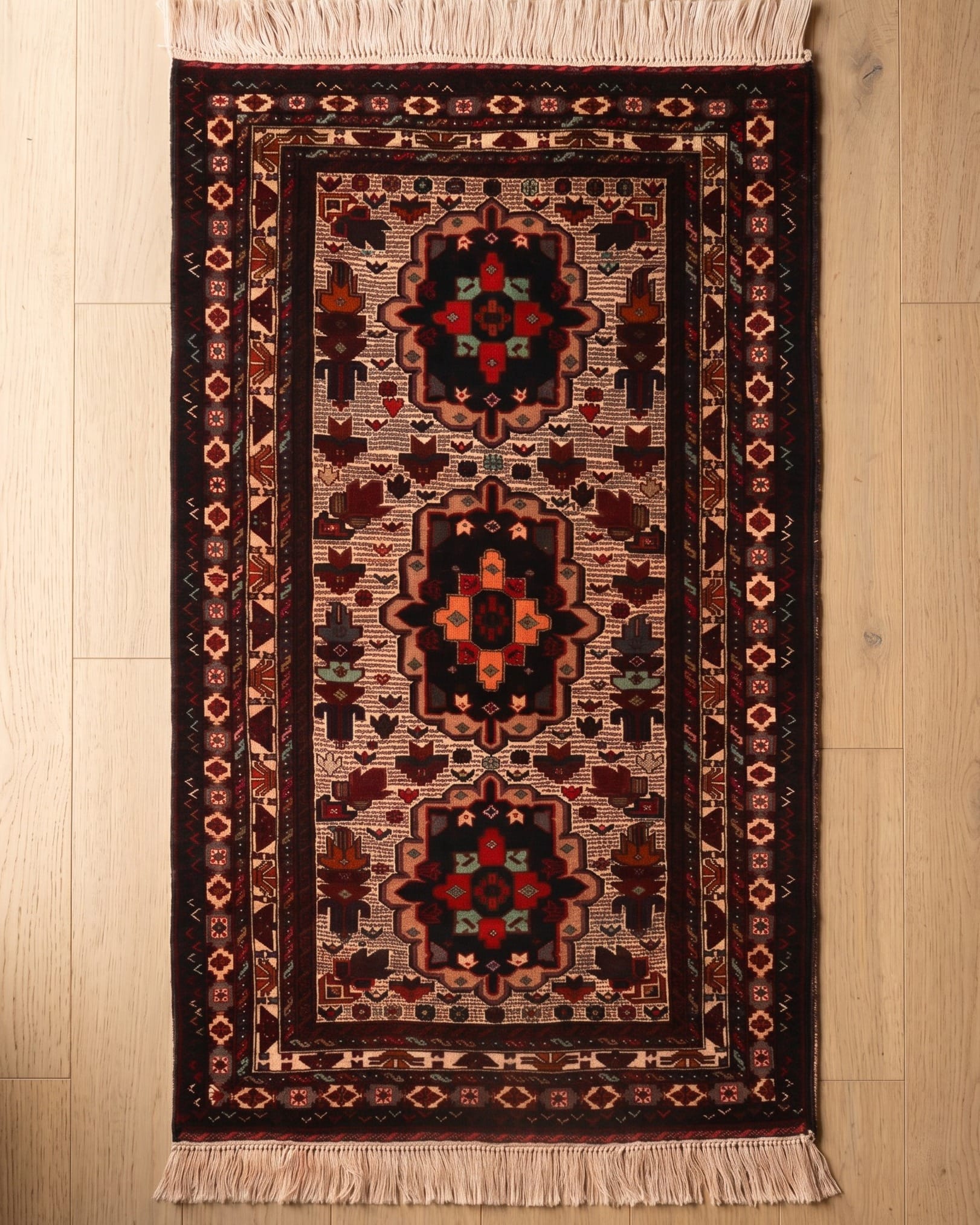 Ivory & Deep Red Turkmen Handwoven Korki Rug