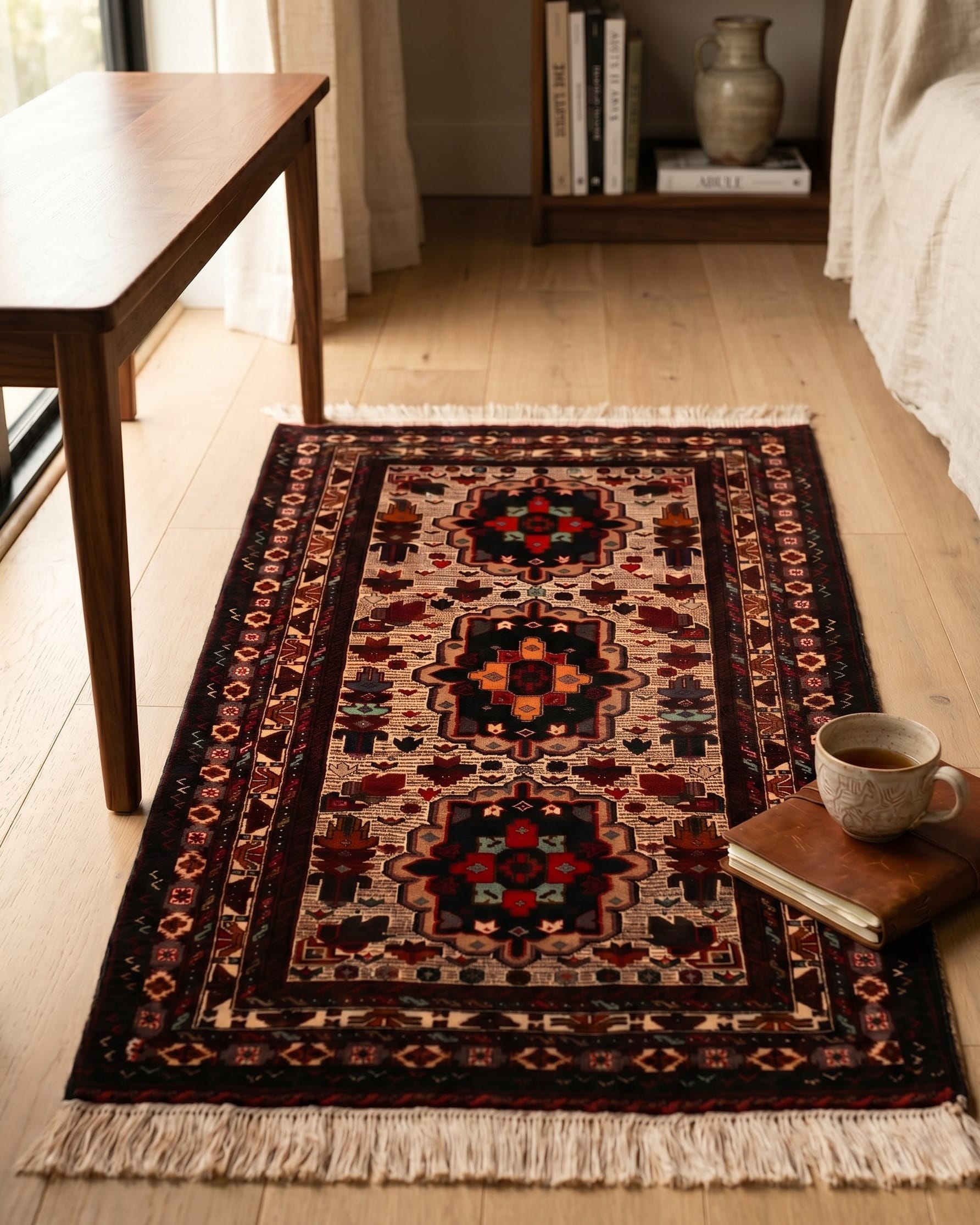 Ivory & Deep Red Turkmen Handwoven Korki Rug