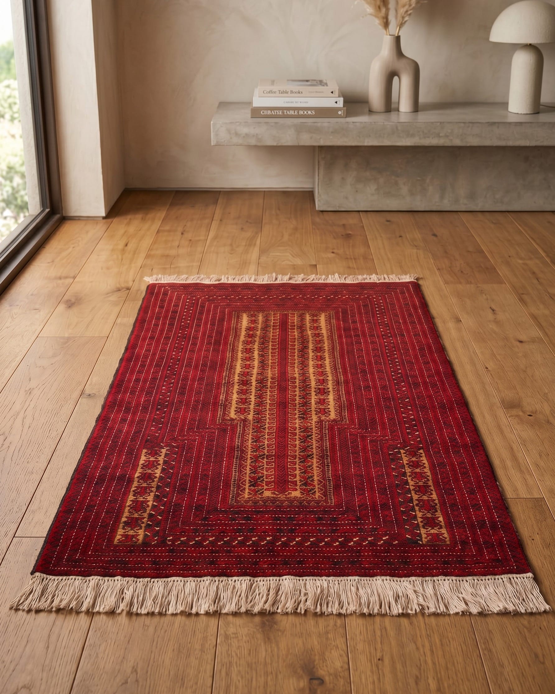 Deep Red Turkmen Handwoven Wool Prayer Rug