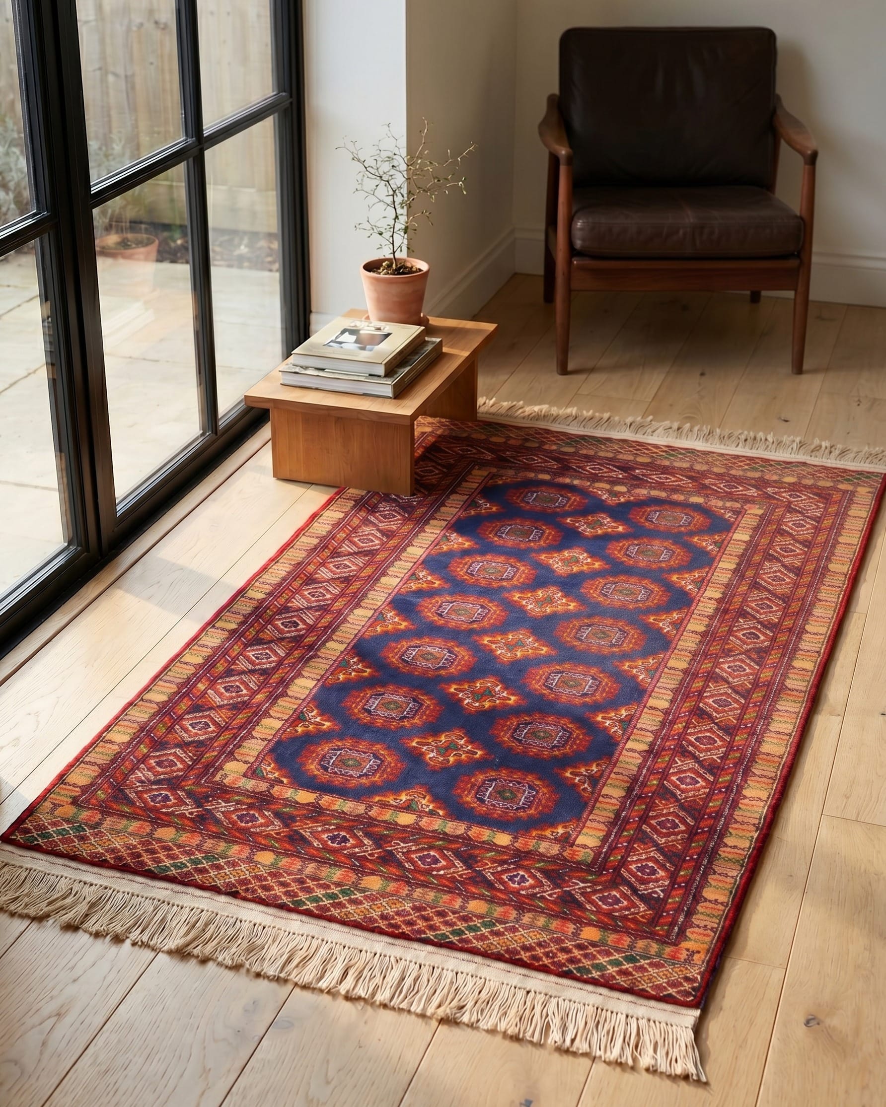 Navy Blue Turkmen Handwoven Ghor Gol Rug